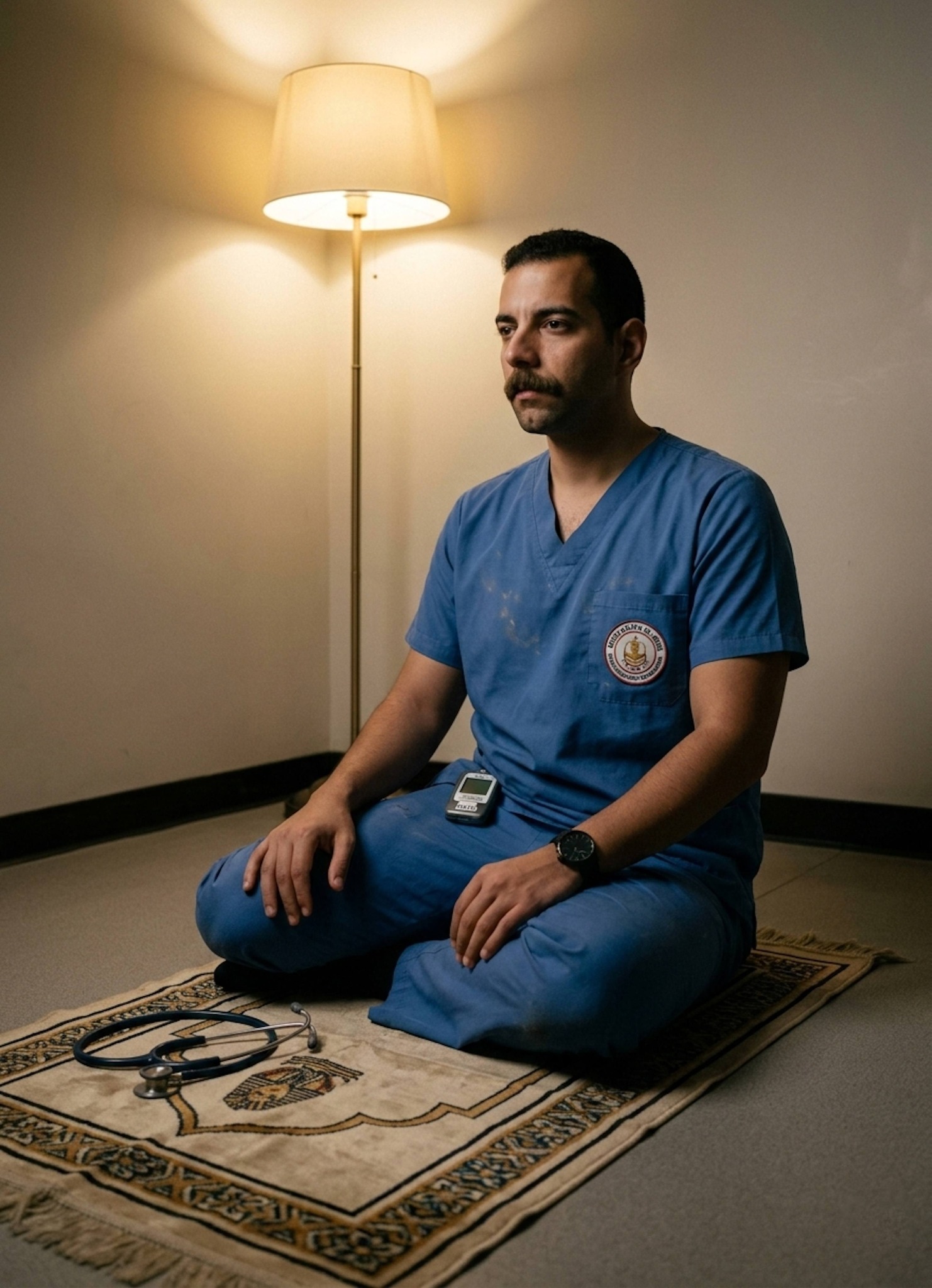 Nurse sitting in reflection on Egyptian rugs in a dimly lit hospital prayer room