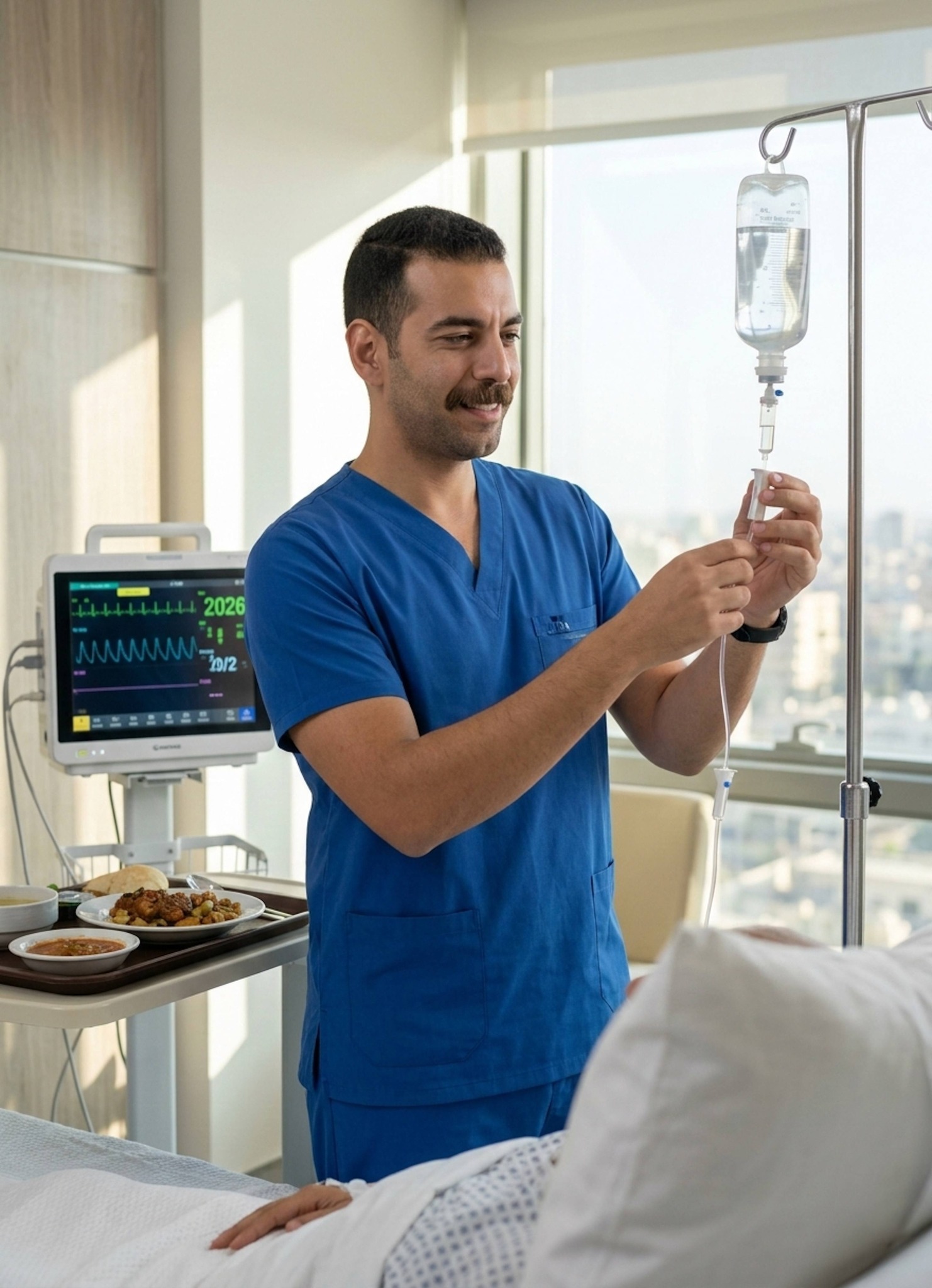 Nurse checking an IV drip with a warm smile in a hospital recovery room with a city view