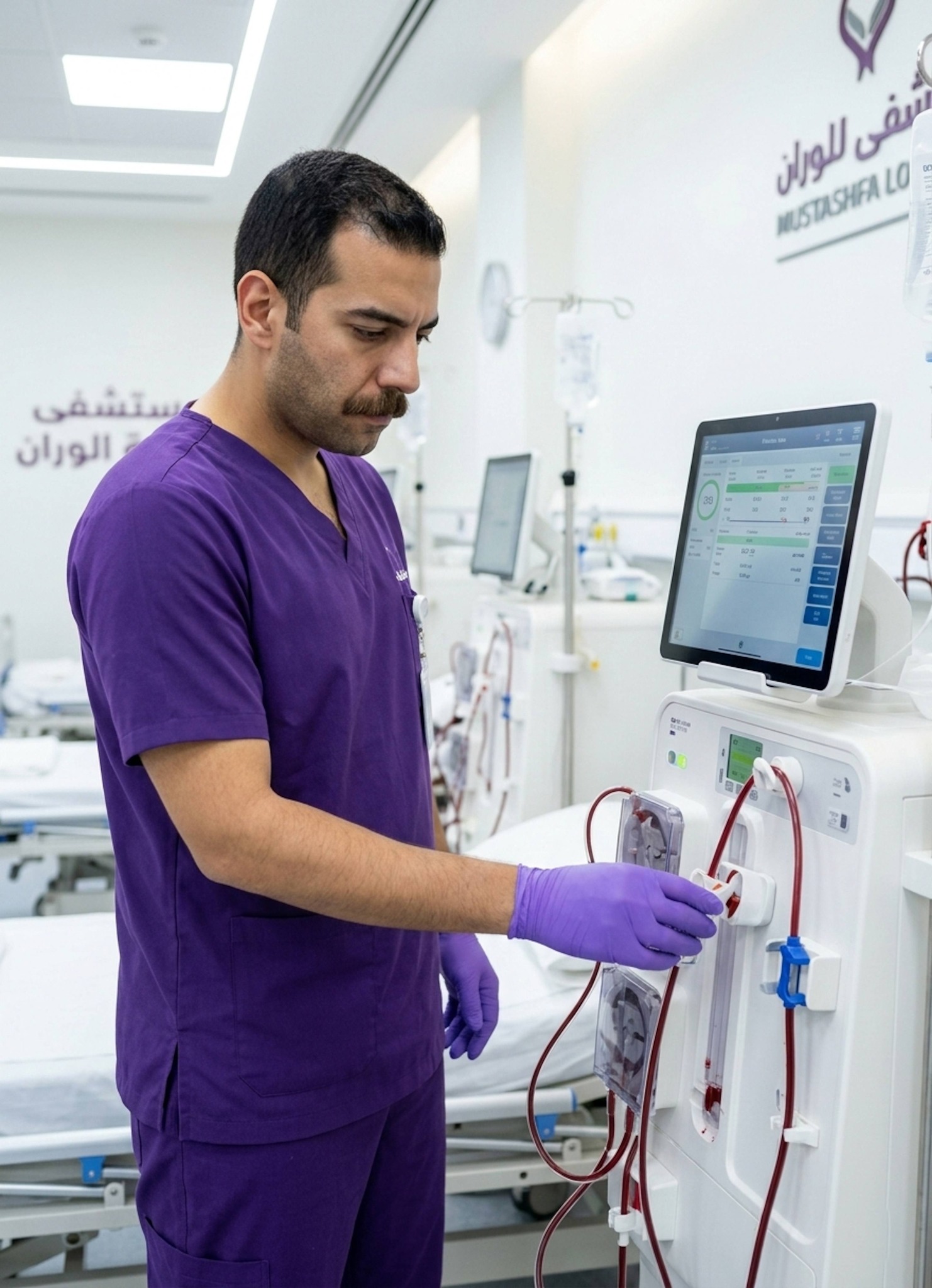 Nurse in purple gloves monitoring blood flow through dialysis machine tubes in a sterile room
