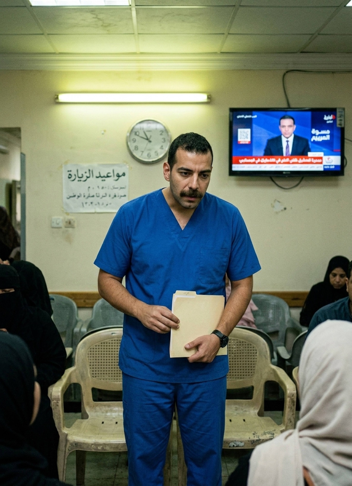 Nurse standing with stooped posture in a hospital waiting room with plastic chairs and Arabic TV