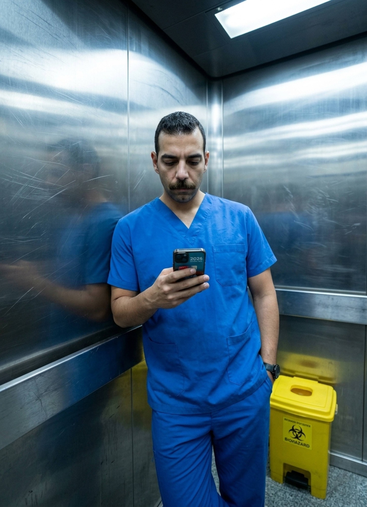 Nurse leaning against the rail in a scratched stainless steel hospital service elevator alone