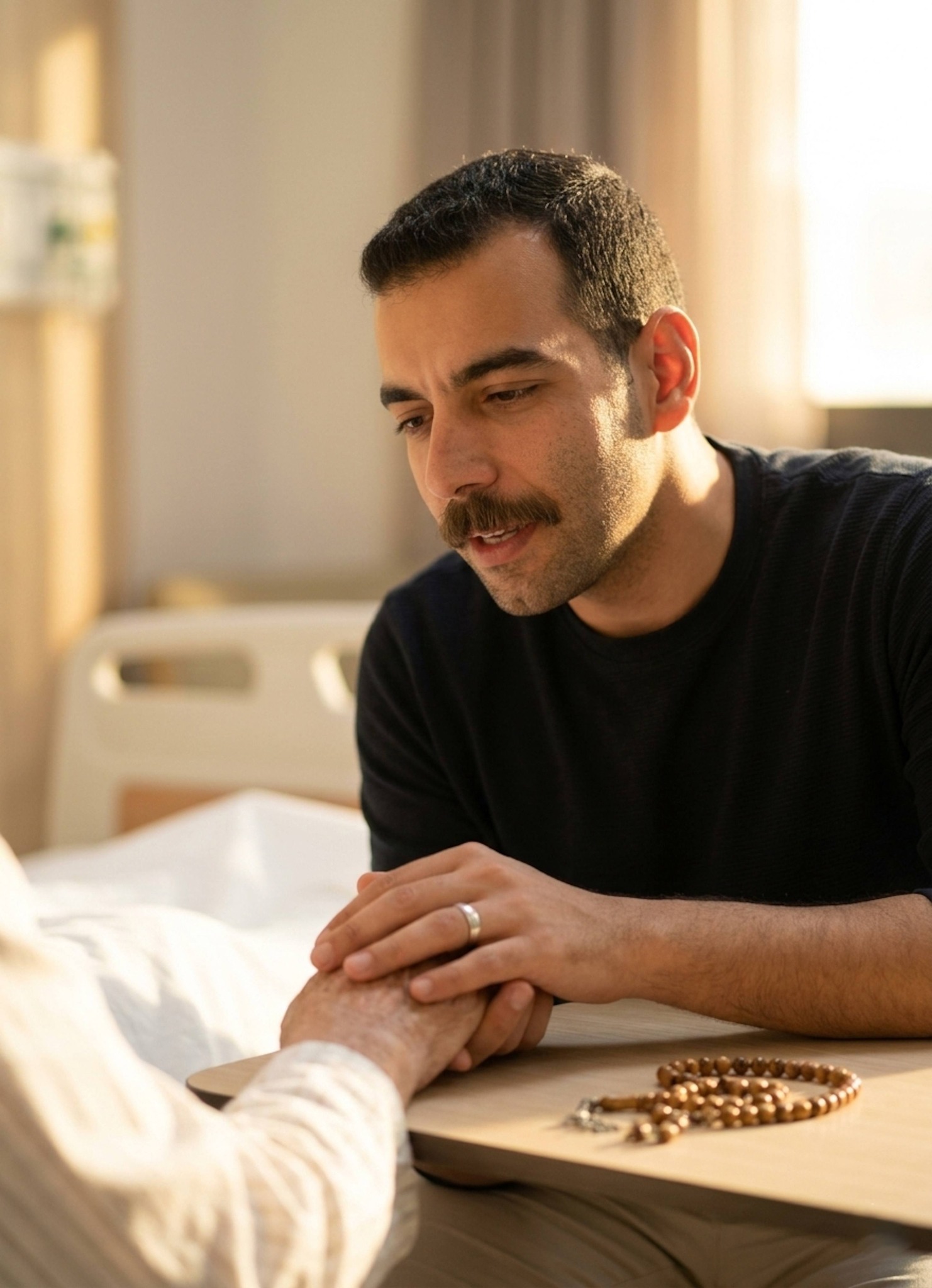Nurse gently holding an elderly patient's hand in a sunlit geriatric ward with tea set on bedside table
