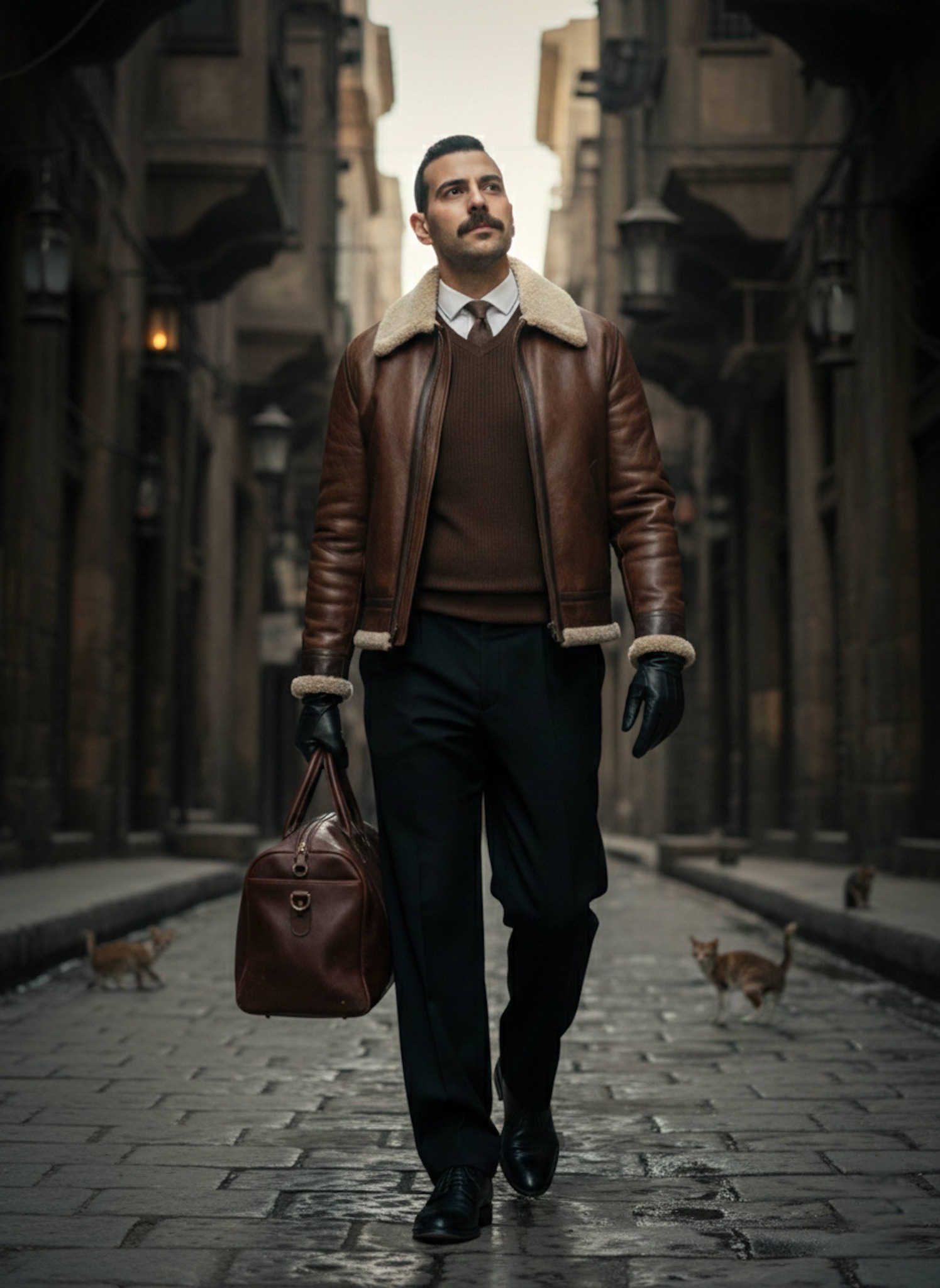 Person walking through a narrow historic paved alleyway with dramatic shadows on stone walls in a cinematic noir atmosphere