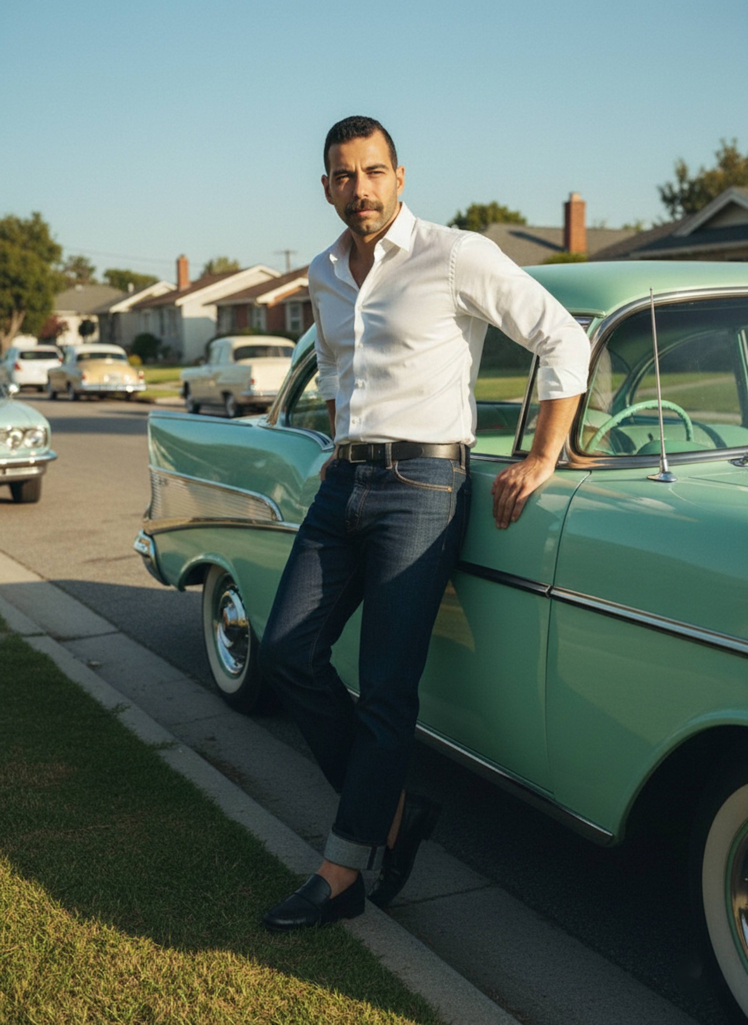 Person in white button-down and cuffed selvedge denim leaning casually on a 1950s suburban street