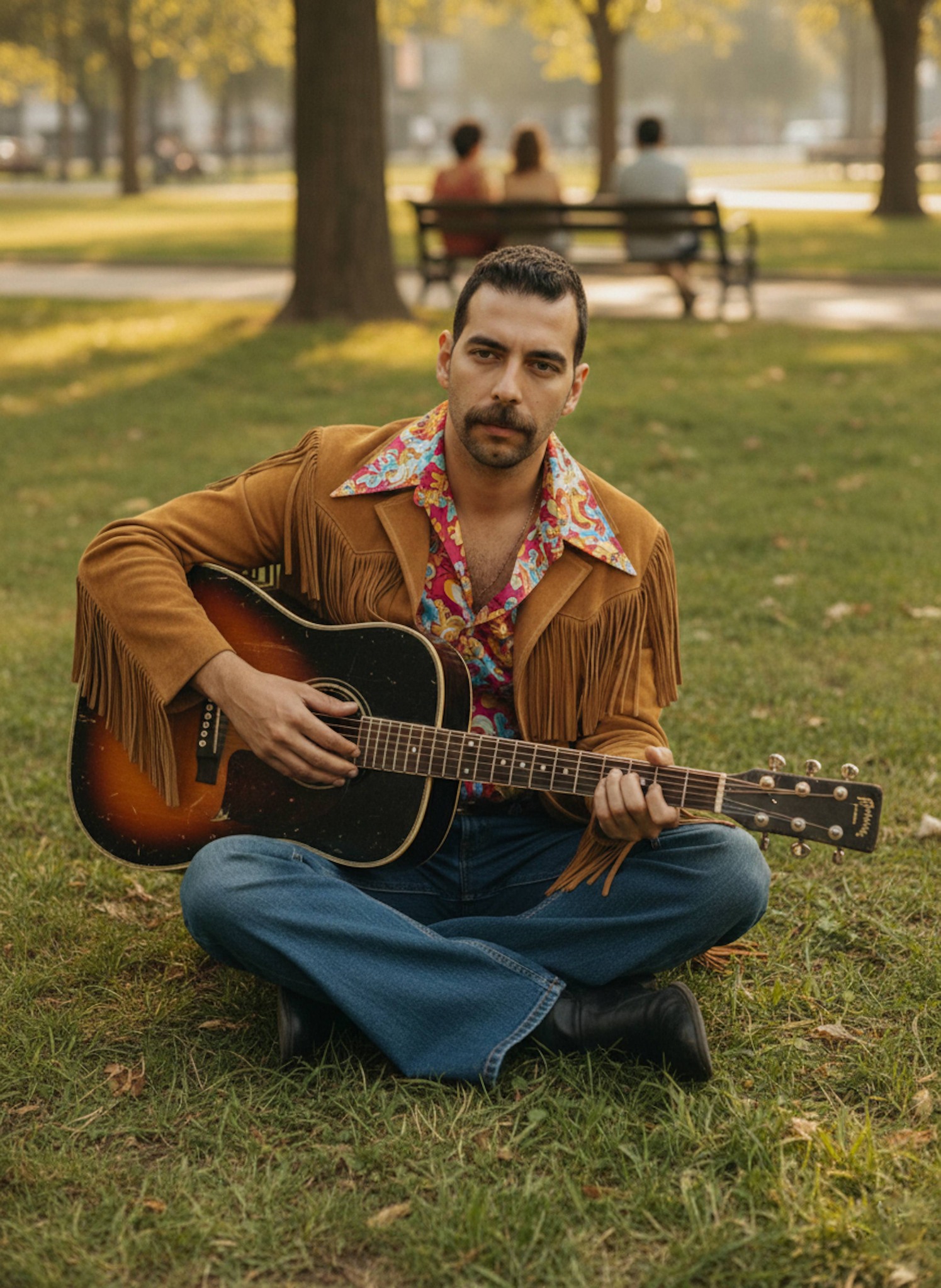 Person in tan suede fringe jacket and flared jeans sitting cross-legged in a 1970s city park