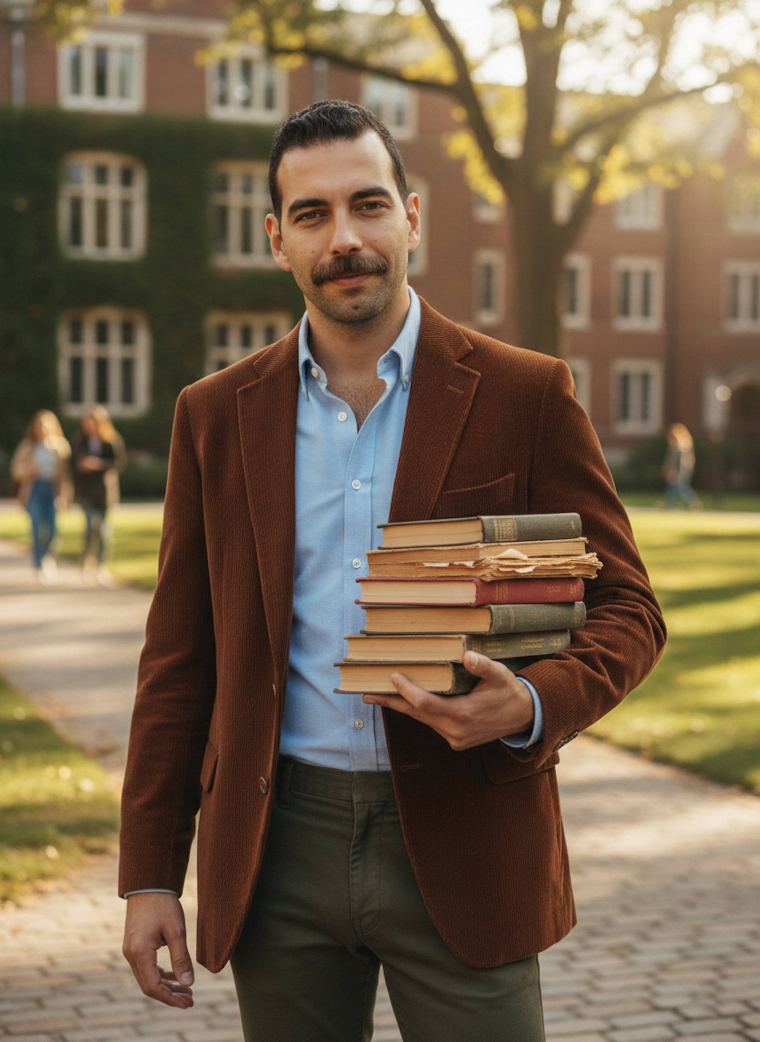 Person in corduroy blazer with elbow patches carrying books across a 1960s university campus