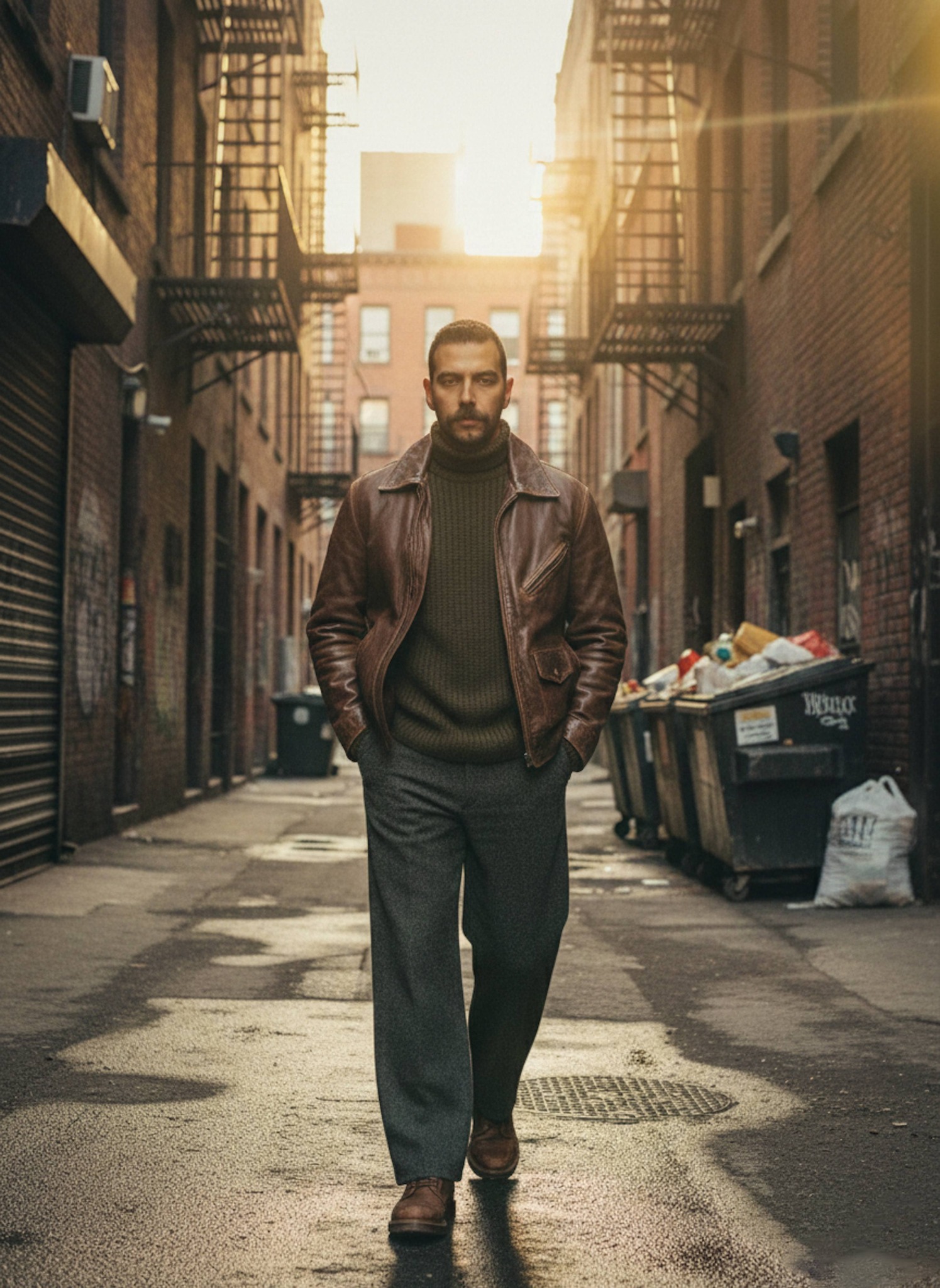 Person in chocolate brown leather jacket walking through a gritty 1970s urban alley toward camera