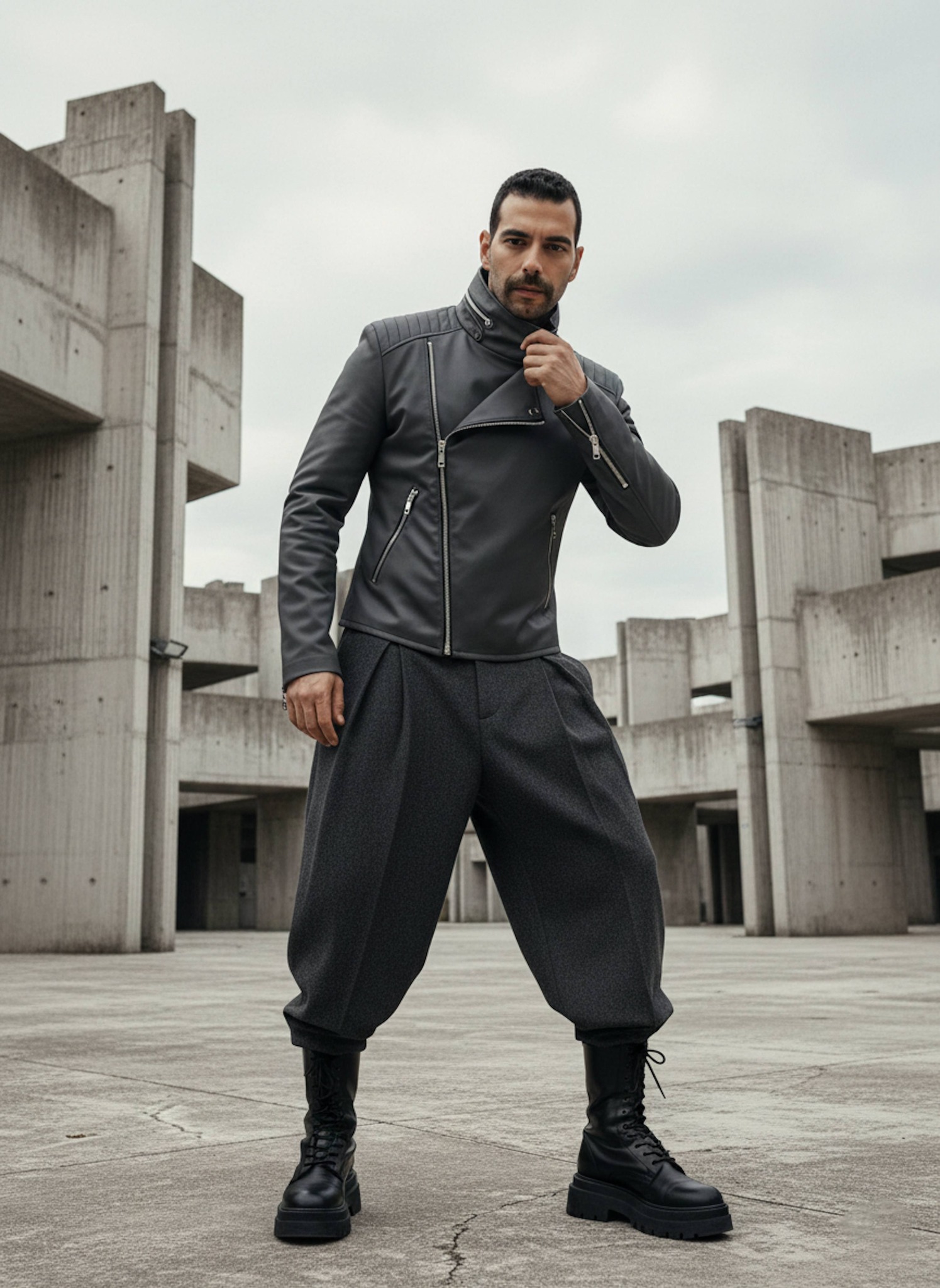 Person in avant-garde jacket with asymmetric zippers posing dynamically in a brutalist concrete plaza