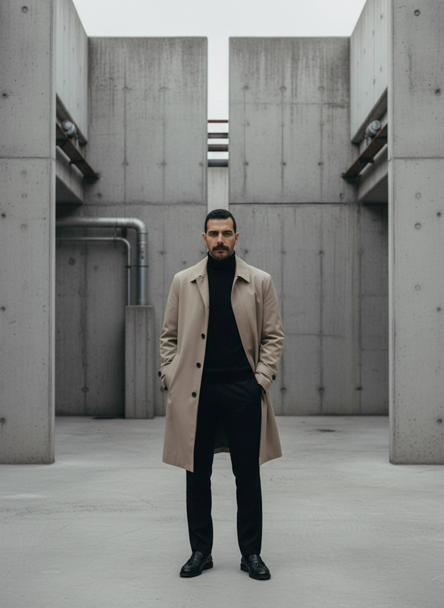 Person in beige trench coat standing still in a symmetrical 1990s industrial concrete setting
