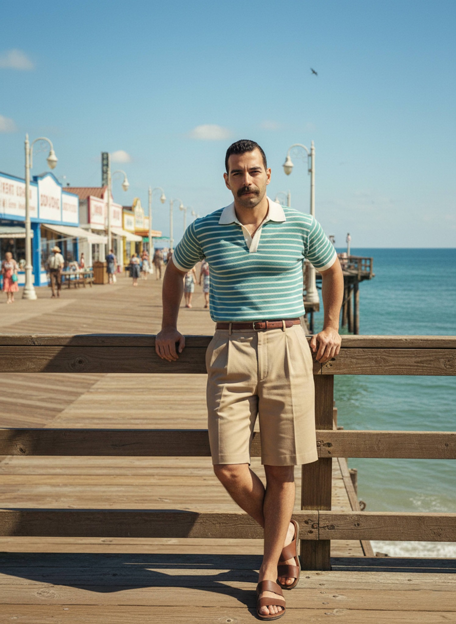Person in knit polo and pleated shorts leaning against a wooden pier on a 1950s beach boardwalk