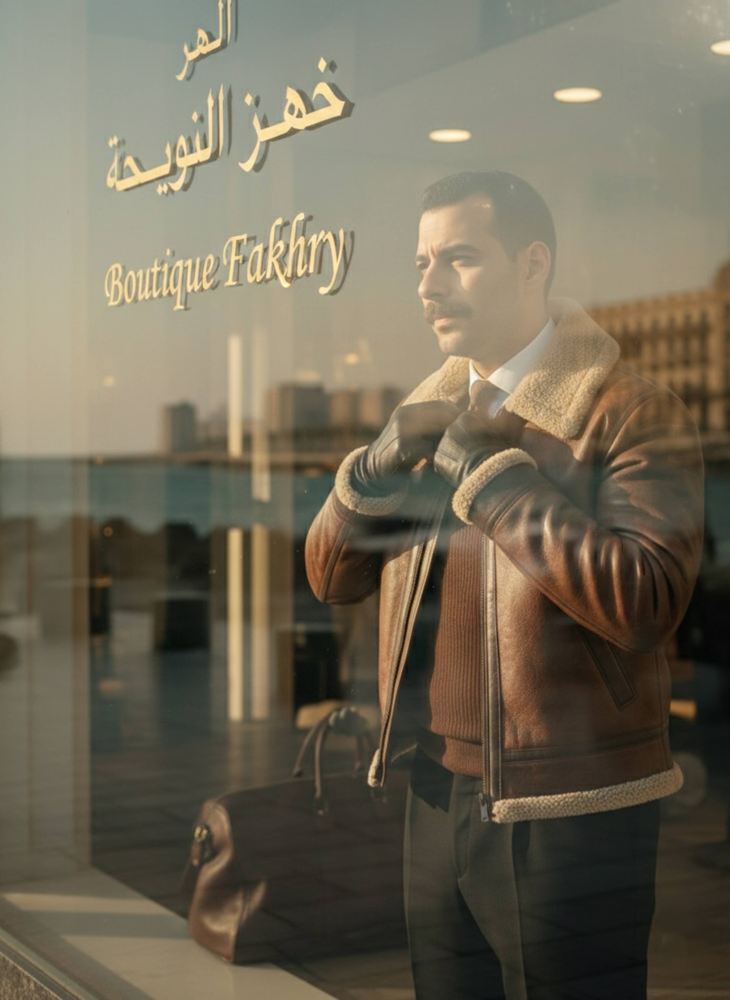 Person looking at their reflection in a polished luxury boutique window with editorial fashion composition