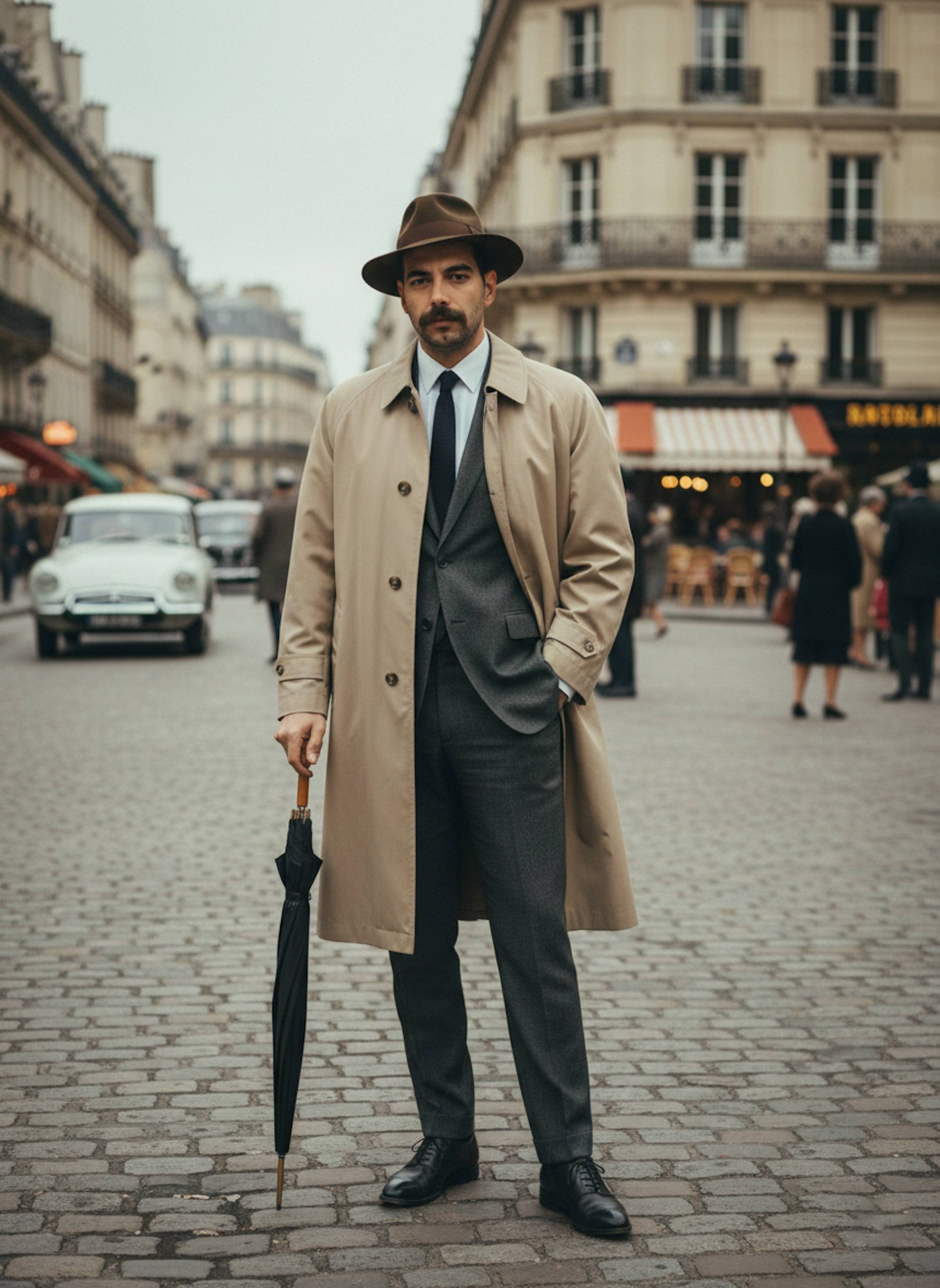 Person in beige mackintosh raincoat and brimmed hat holding an umbrella on a 1960s Paris street
