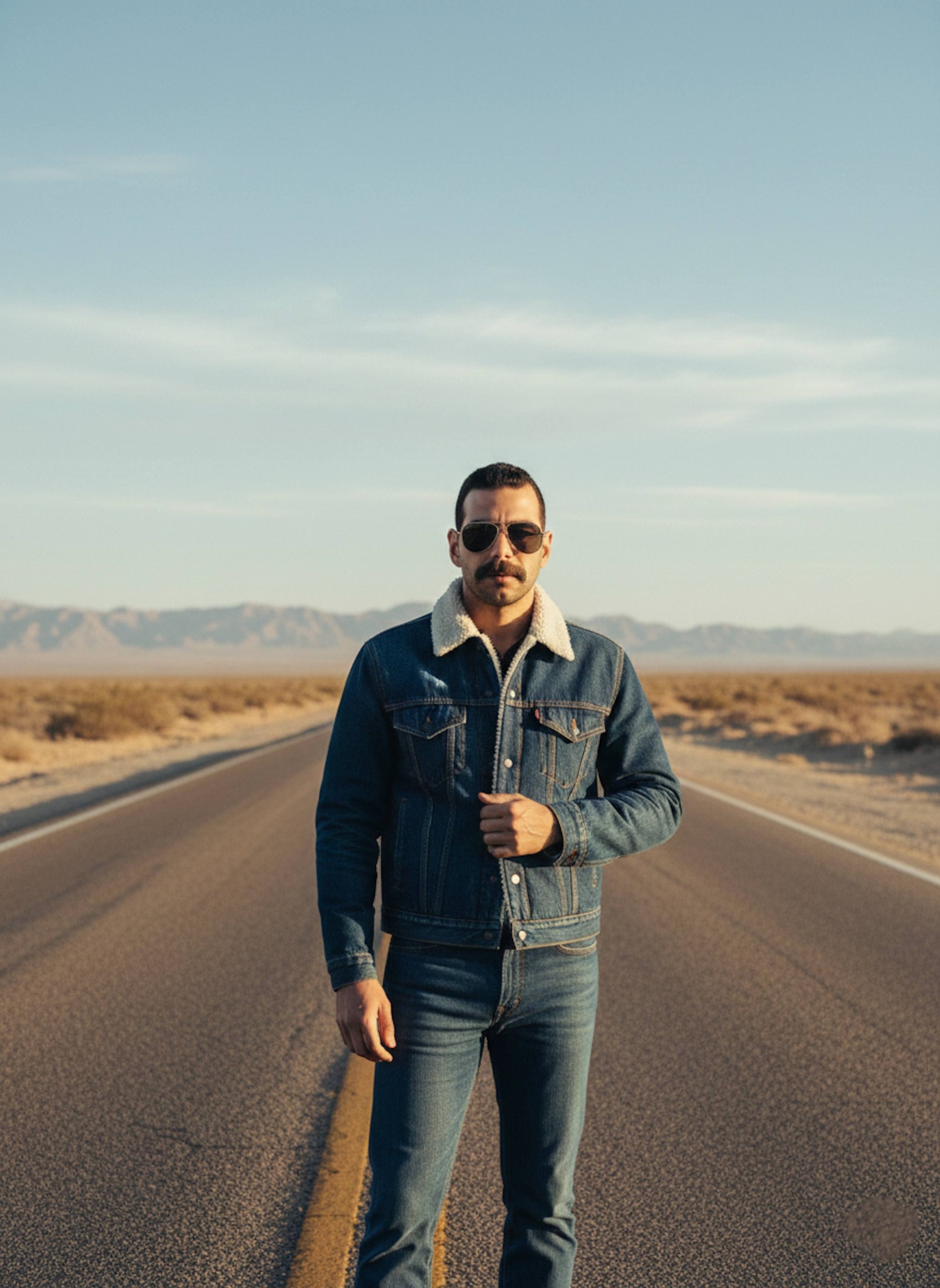 Person in double denim with shearling collar and aviators standing on a long 1970s desert road
