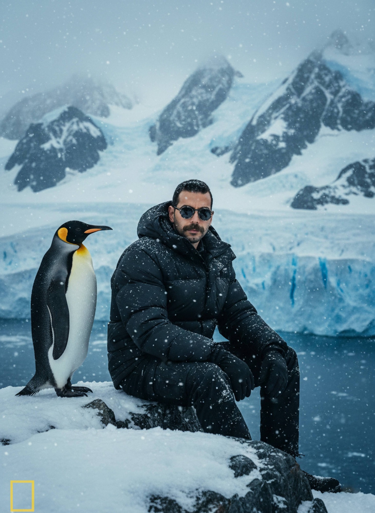 Explorer in black puffer jacket sitting on a snowy ledge with penguins in an Antarctic landscape