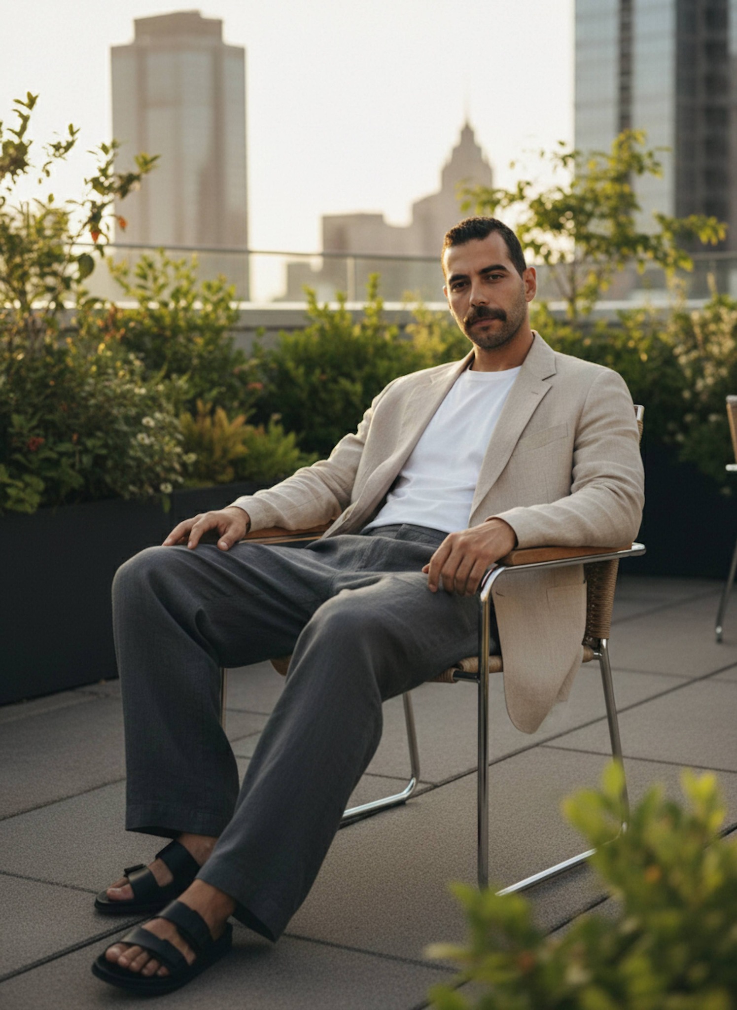 Person in oversized linen blazer leaning back in a modern chair on an urban rooftop garden
