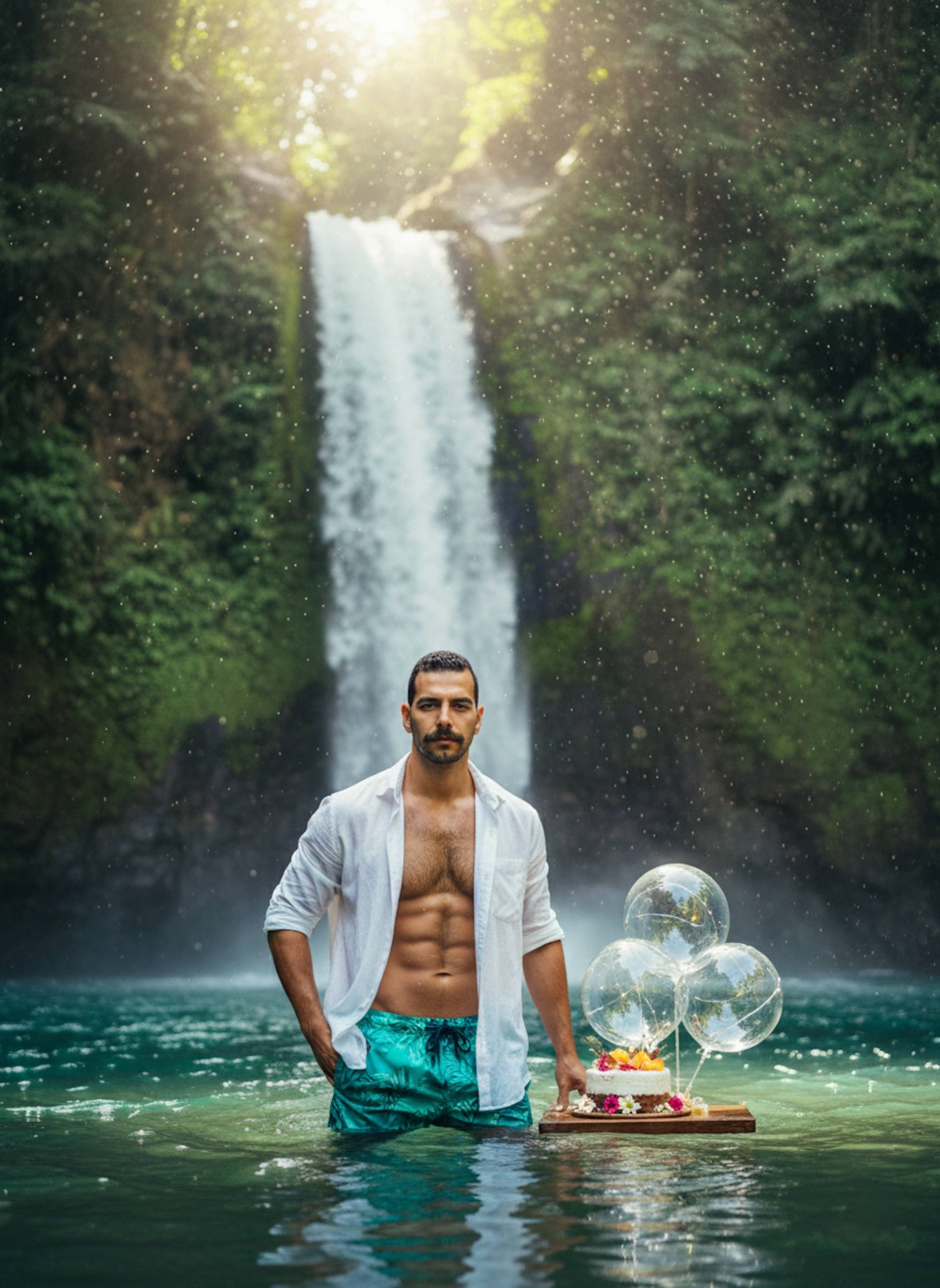 Person in linen shirt standing in water at a Bali waterfall with floating balloons and coconut cake