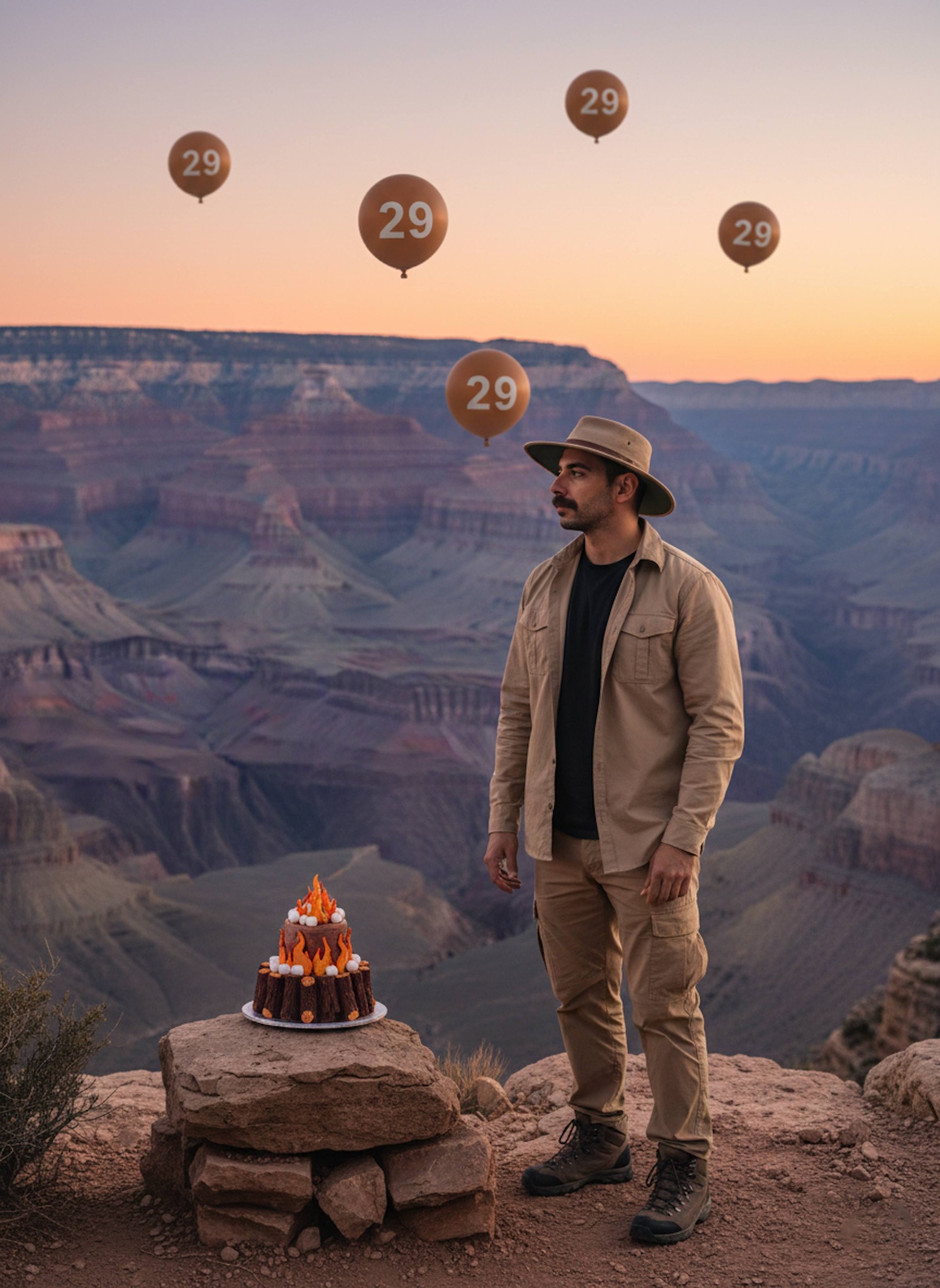 Explorer in safari jacket looking over the Grand Canyon at sunset with birthday balloons and campfire cake