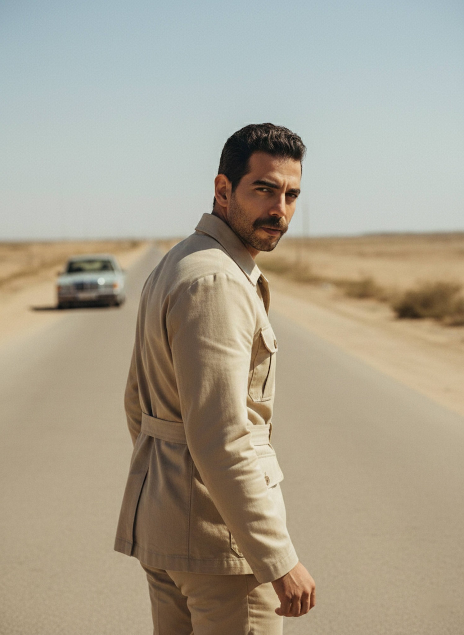 Person in sand-colored safari jacket standing on a dusty road on Alexandria outskirts
