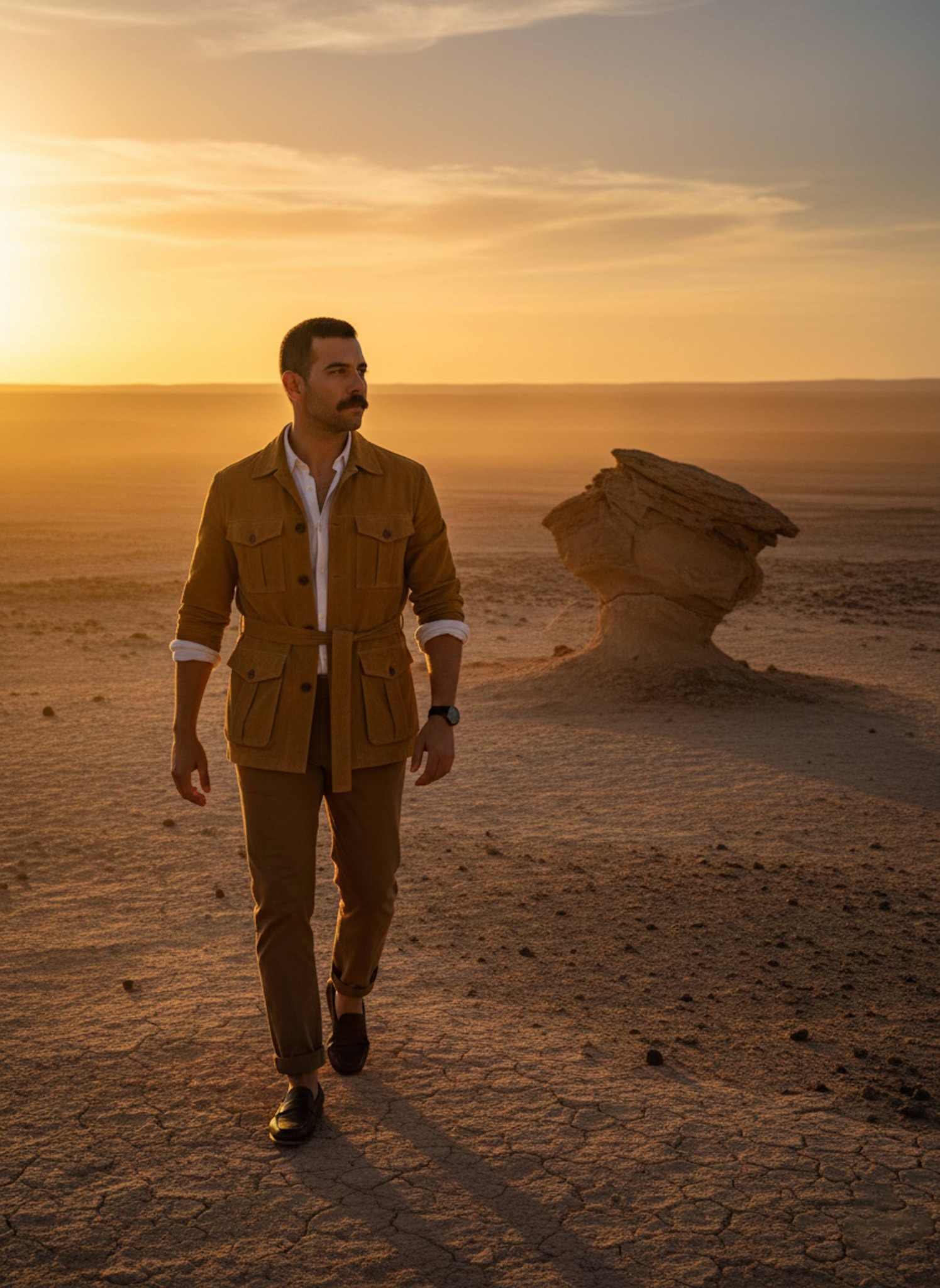 Person standing near a wind-sculpted rock in the Atacama Desert at golden hour with glowing dust particles