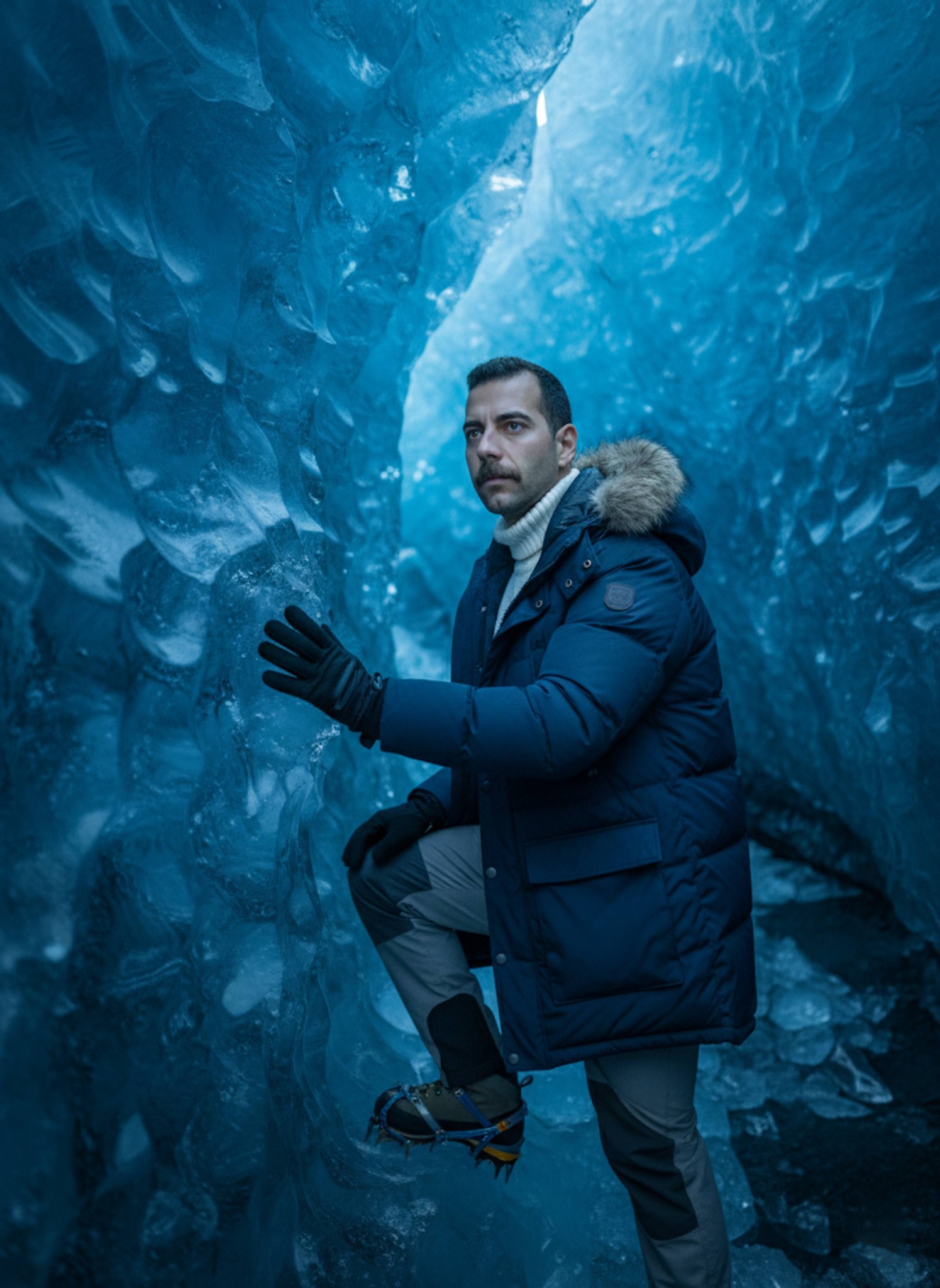 Explorer in navy parka with fur hood standing inside a blue-lit Swiss Alps glacier ice cave