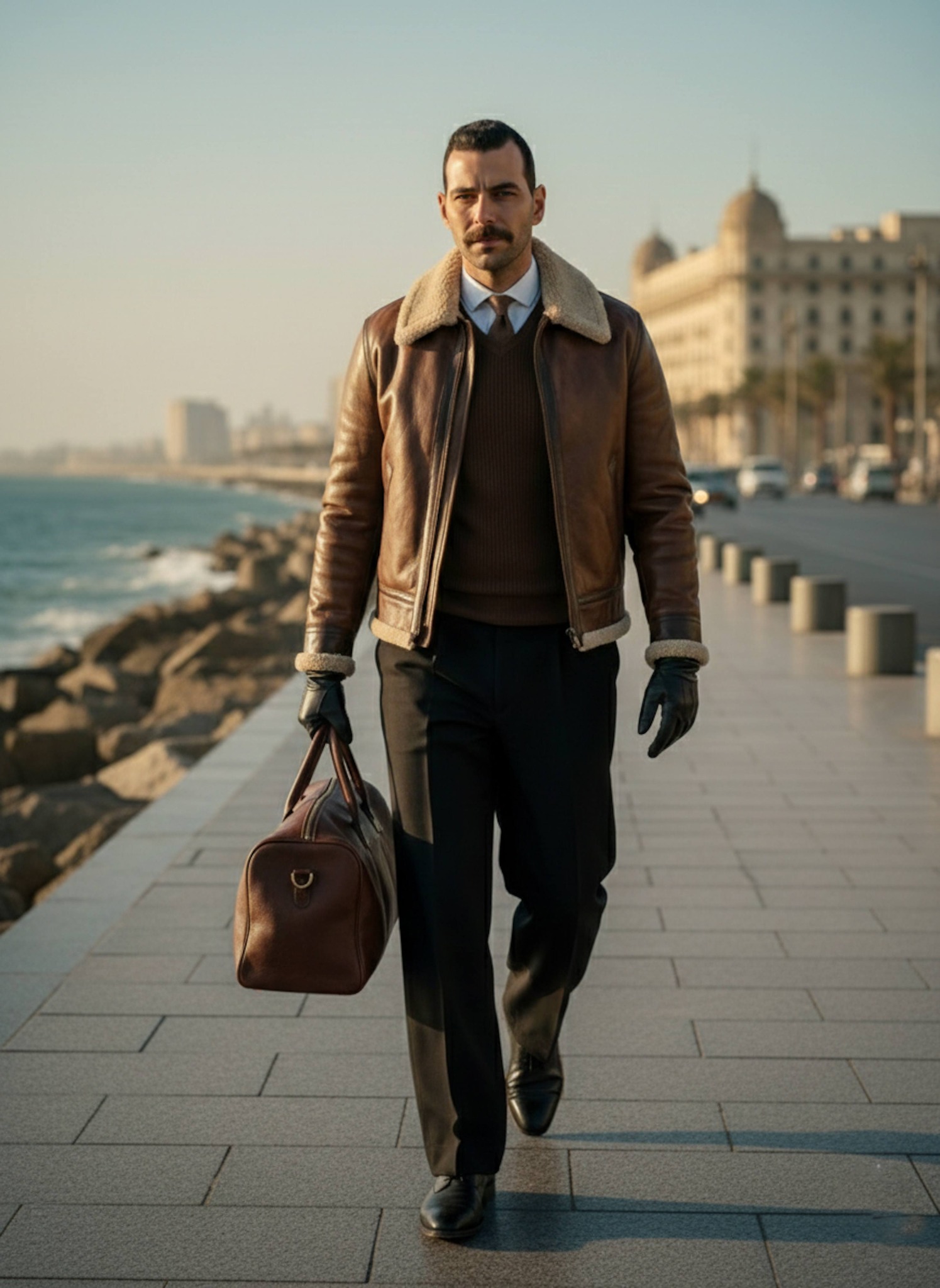 Person walking away toward the Mediterranean sunset as a full-body silhouette from a low angle with golden sky