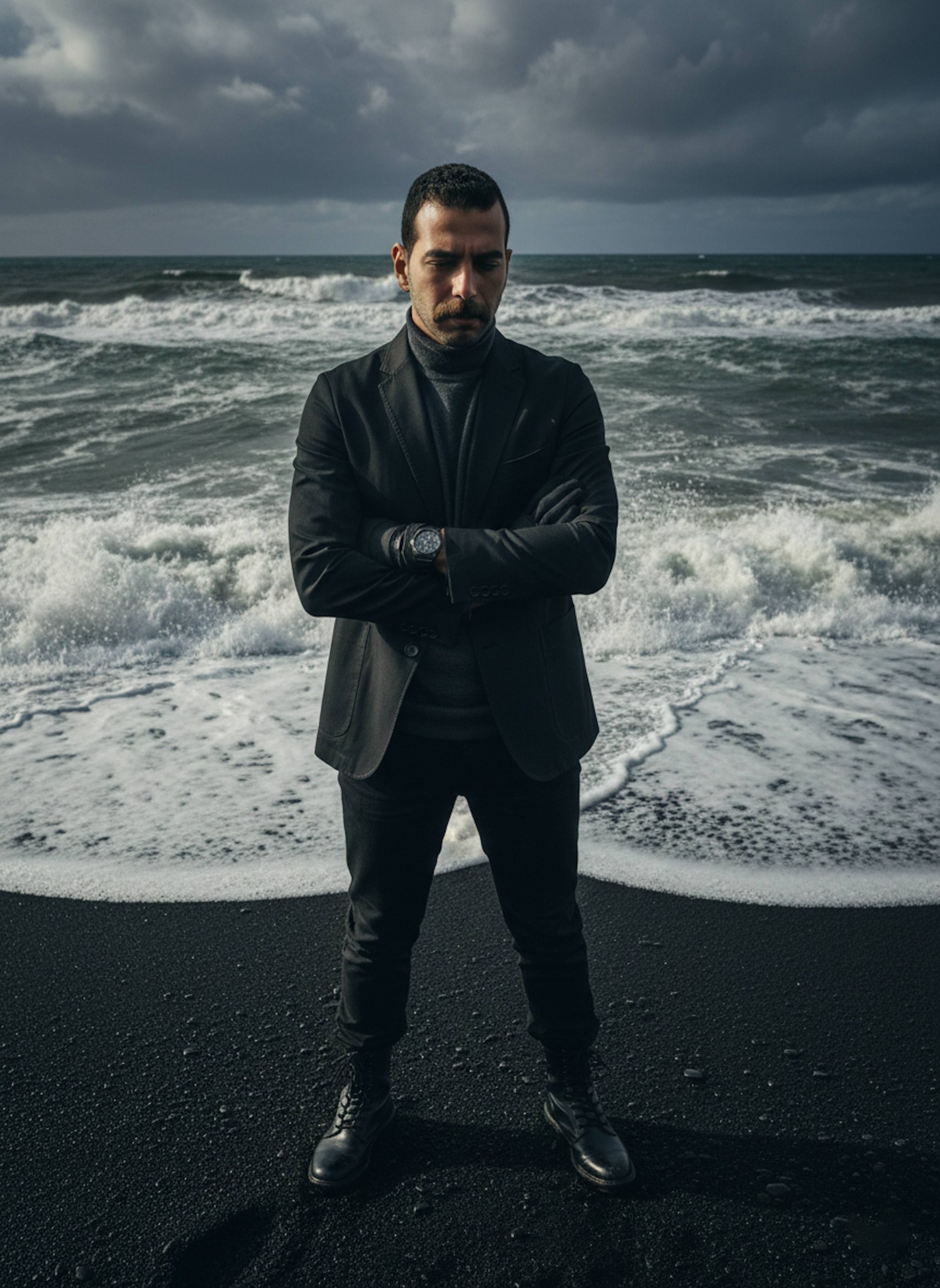 Person in black technical blazer on an Iceland black sand beach with crashing waves and basalt cliffs