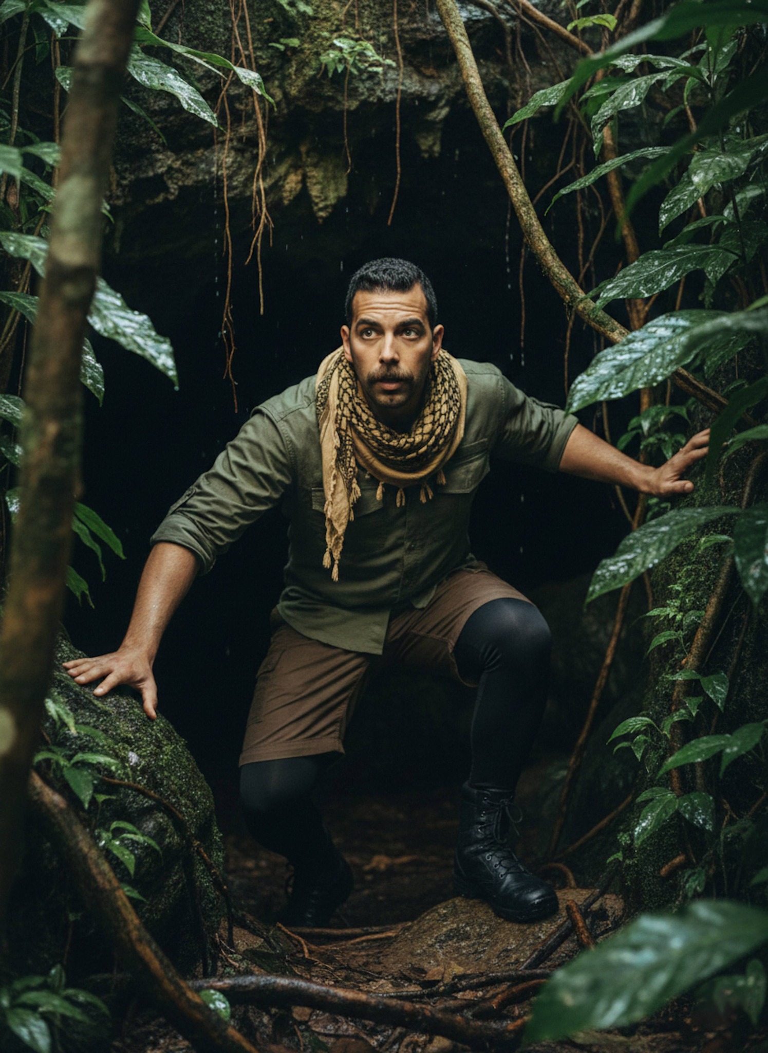 Explorer in olive field shirt at a tropical jungle cave entrance framed by vines and dripping moisture