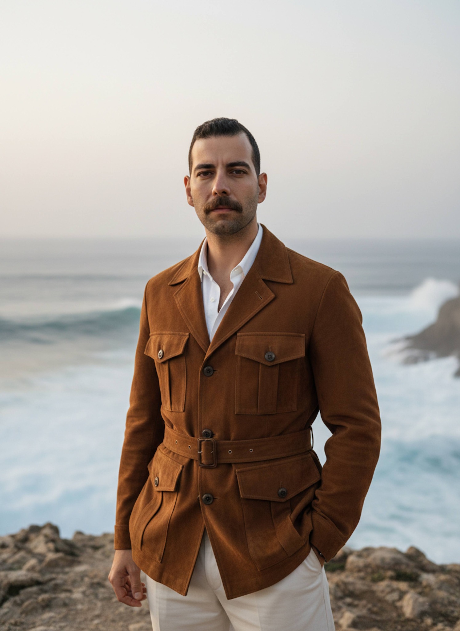 Person in tobacco suede safari jacket on a rocky Mediterranean cliffside with azure sea behind