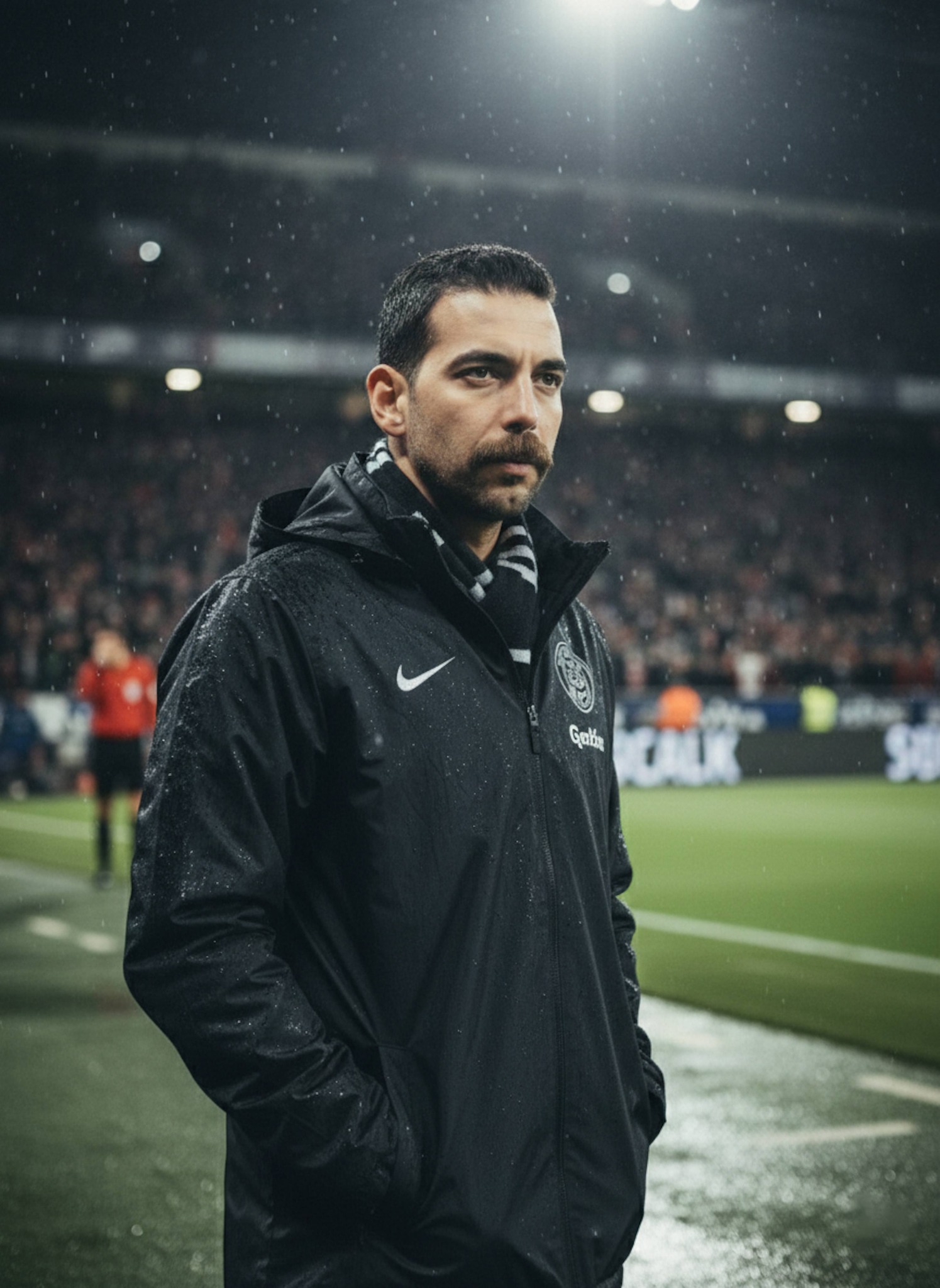 Football coach standing calm under floodlights on a rainy Bundesliga sideline with blurred crowd