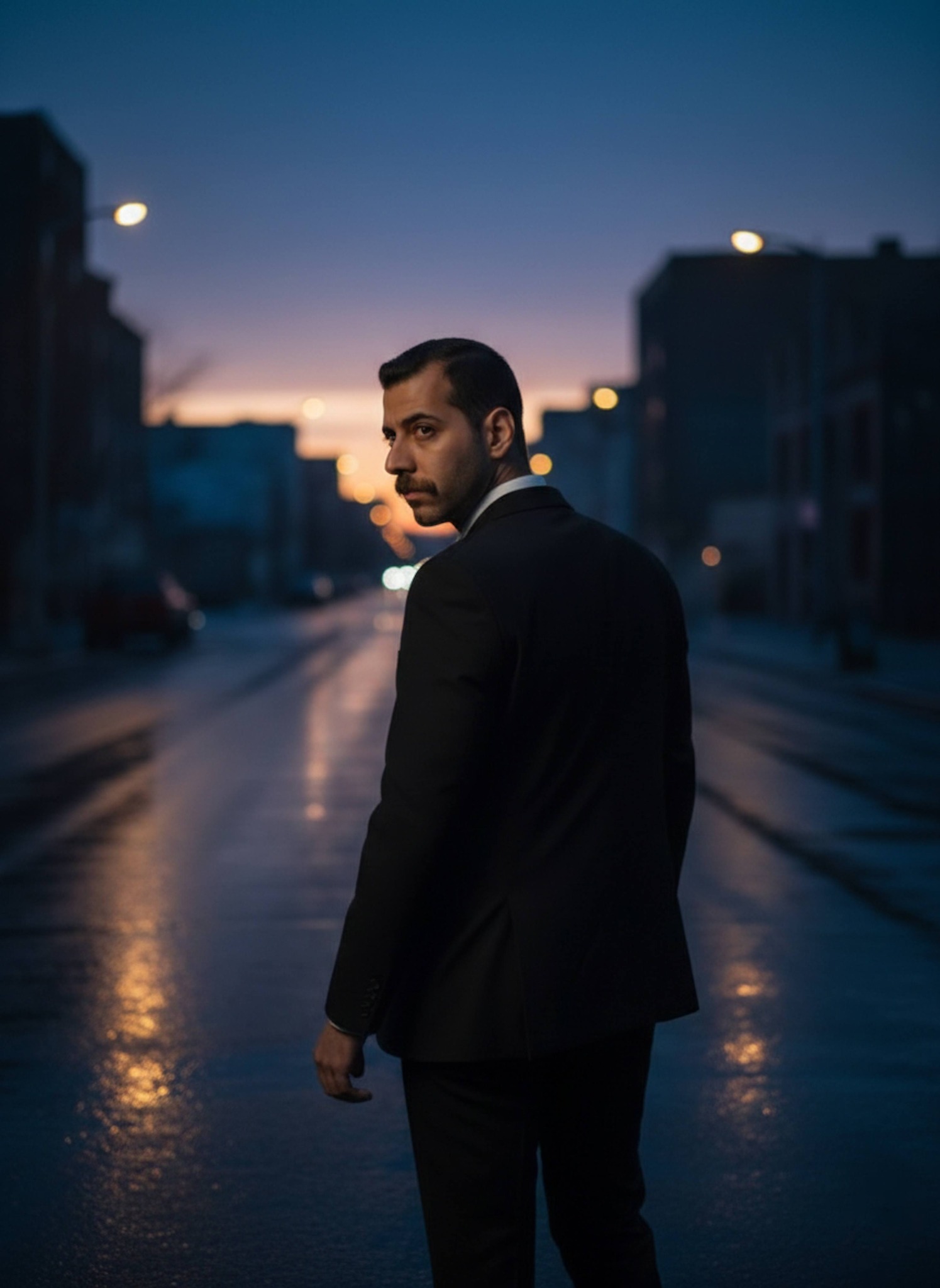 Person in black suit walking away on a wet city street at dawn with blue-to-orange sky gradient