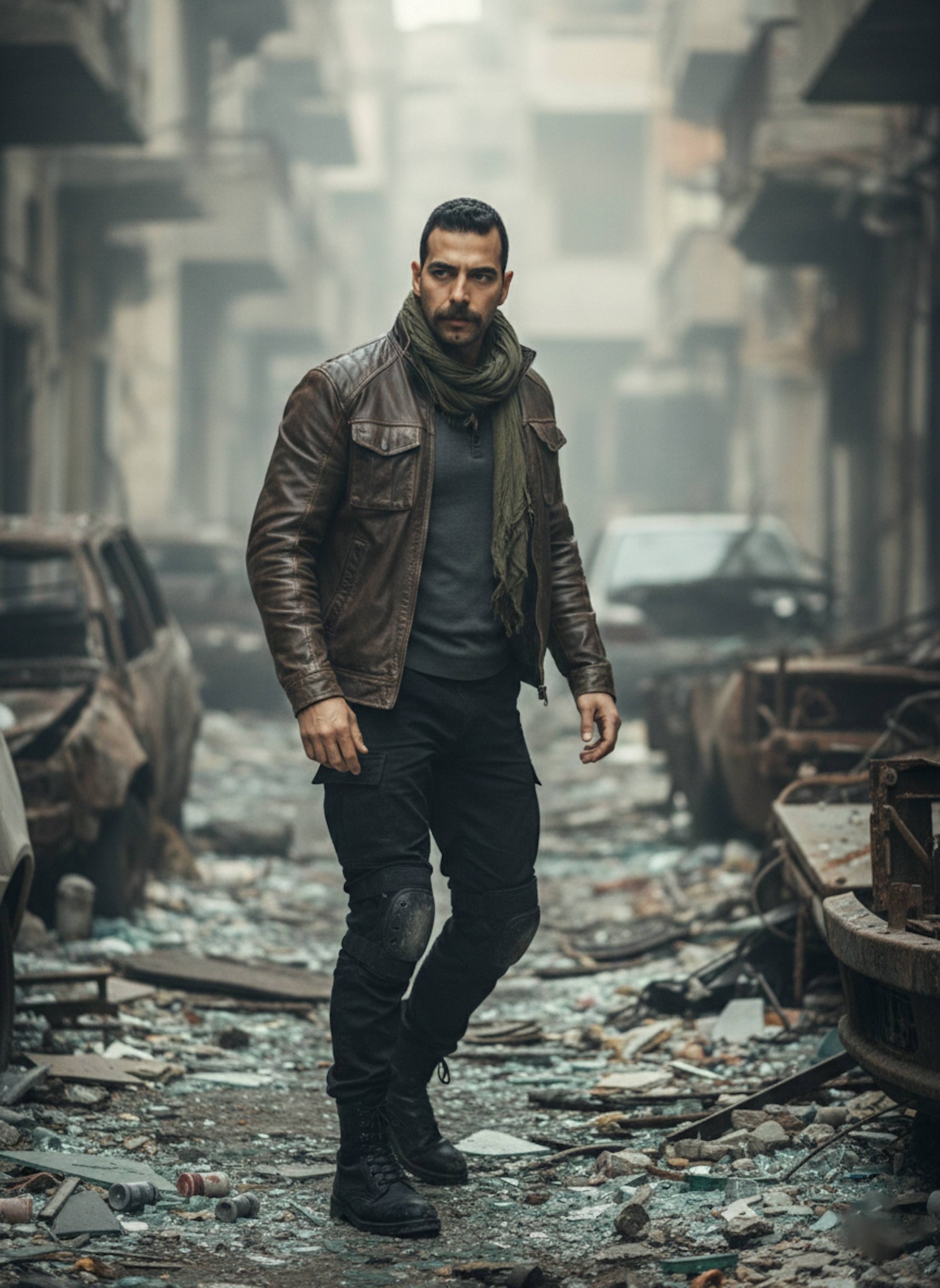 Person in distressed leather tactical jacket walking through debris-strewn Eastern European city ruins