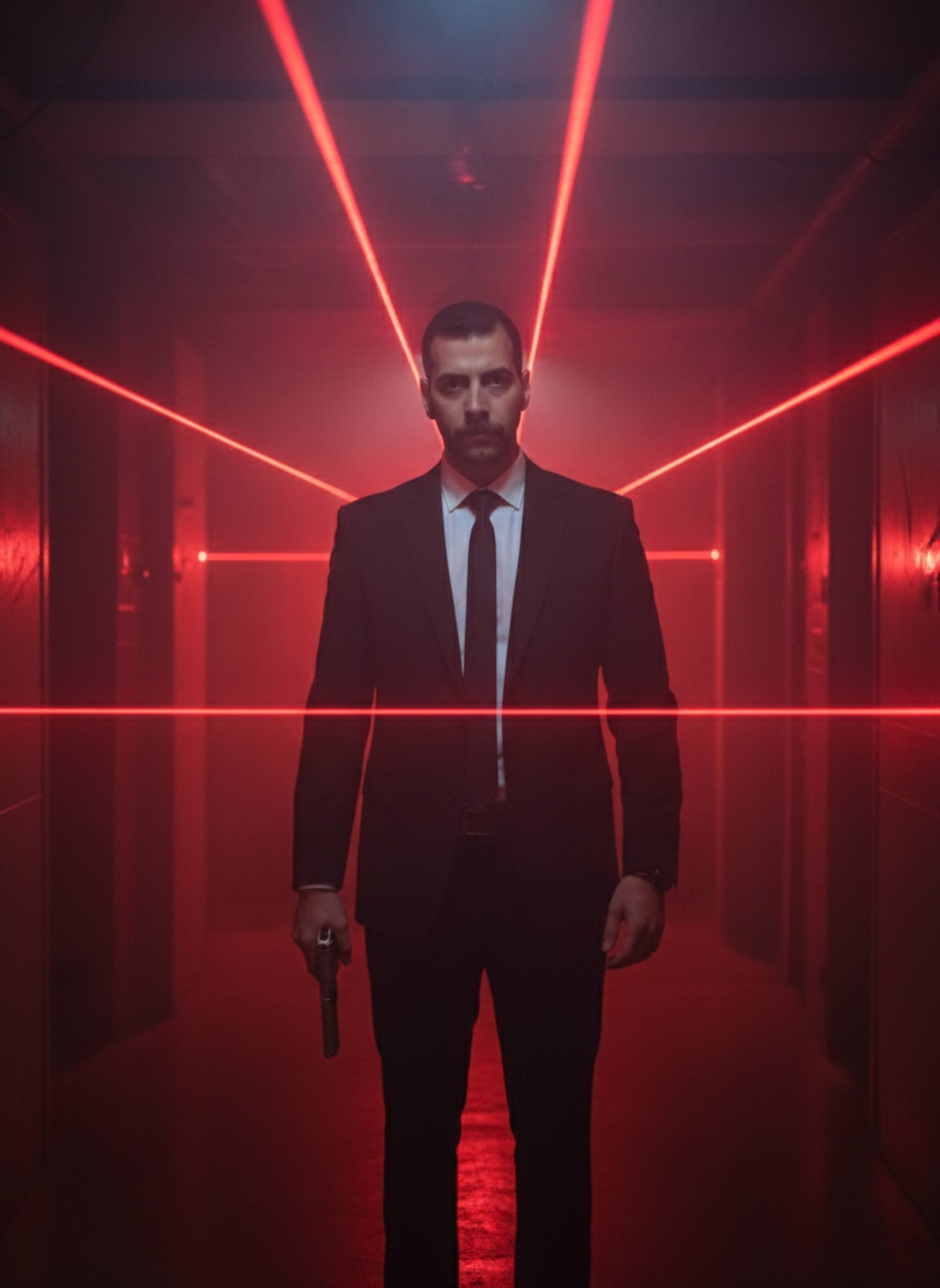 Detective in black suit holding a handgun in a dark smoky corridor with red laser beams