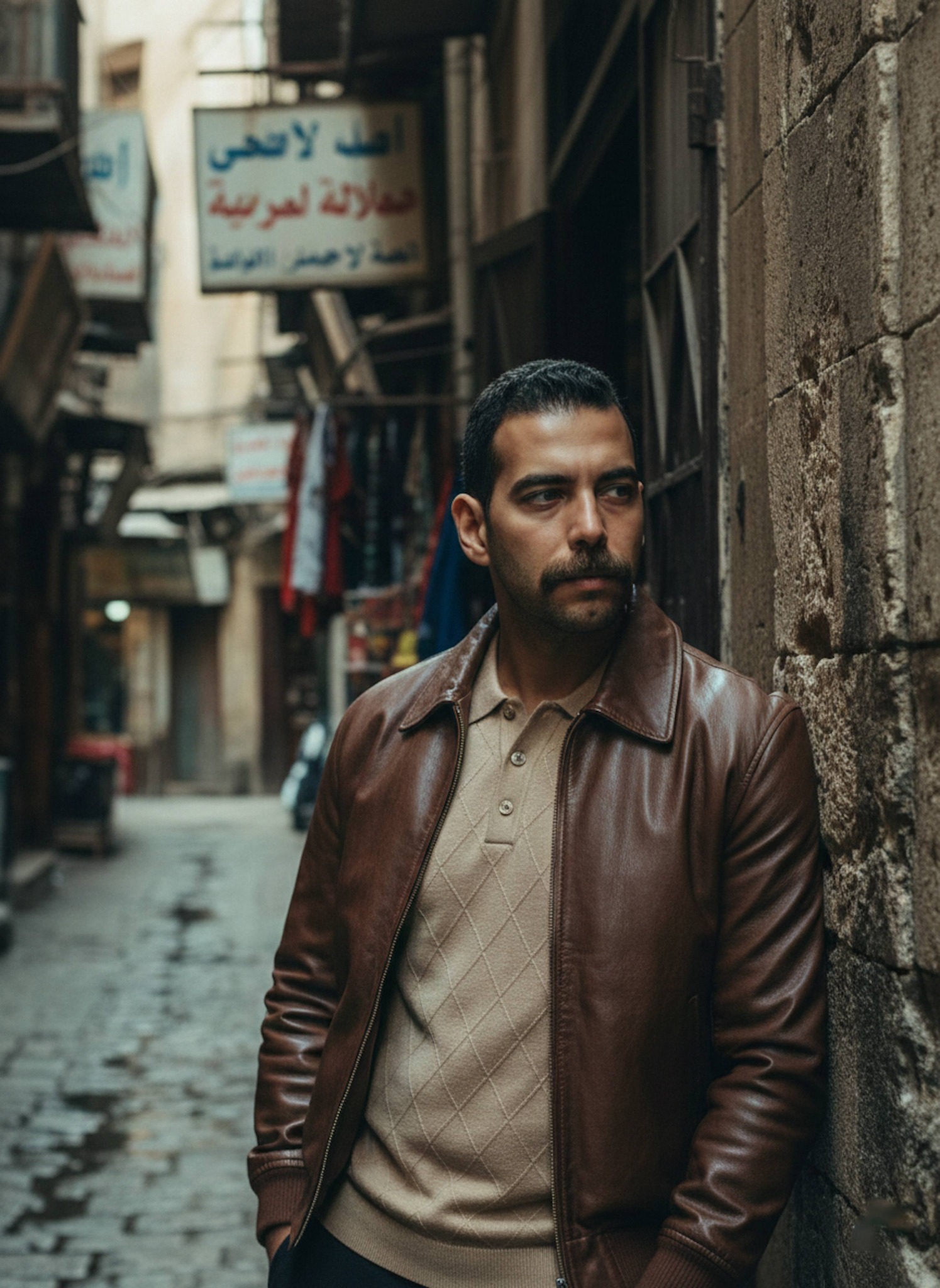 Person in a leather bomber jacket in a high-contrast fashion editorial set in narrow El Mansheya market alleyways