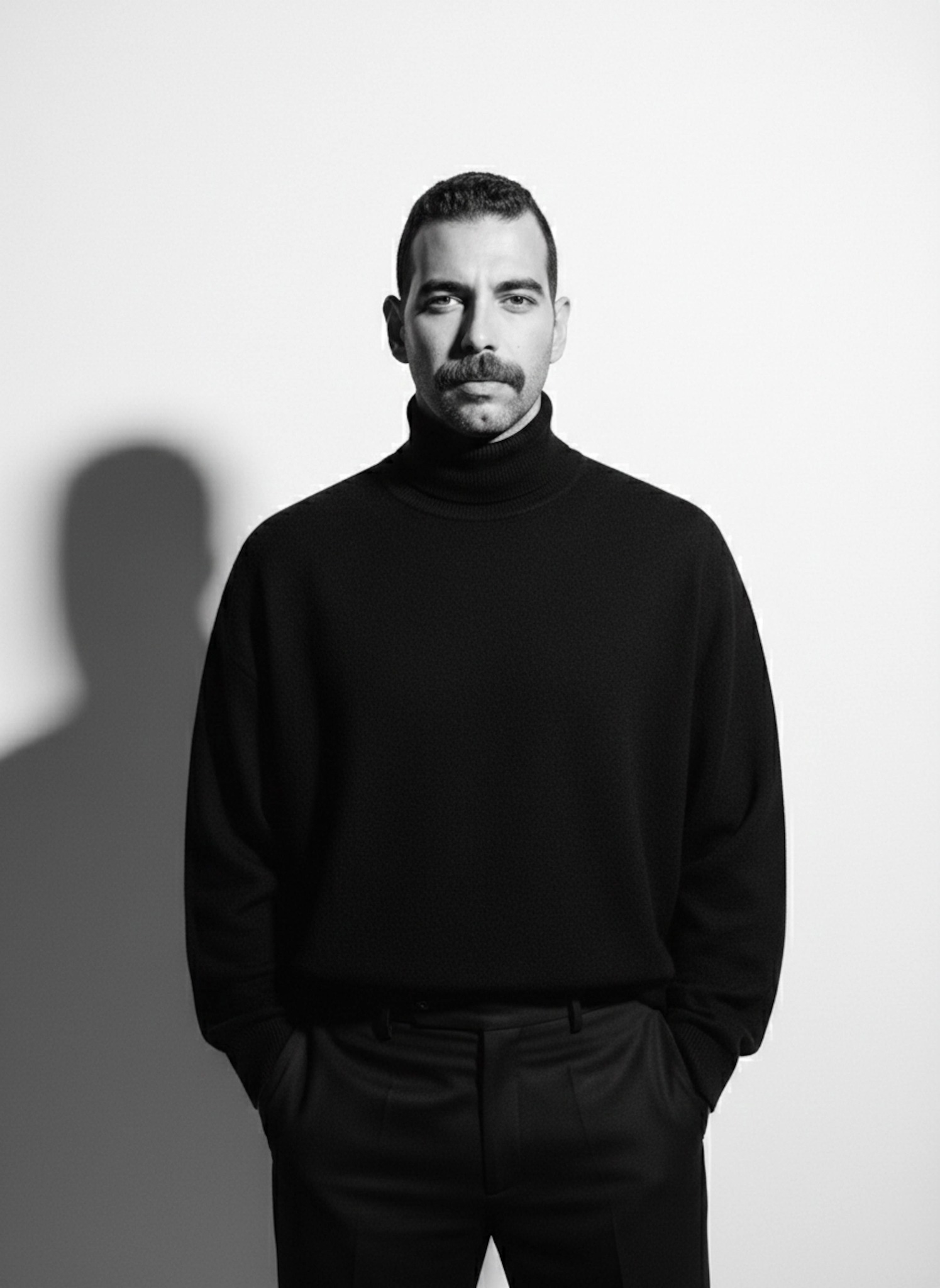 Person in all-black turtleneck and trousers against a stark white wall with high-contrast lighting