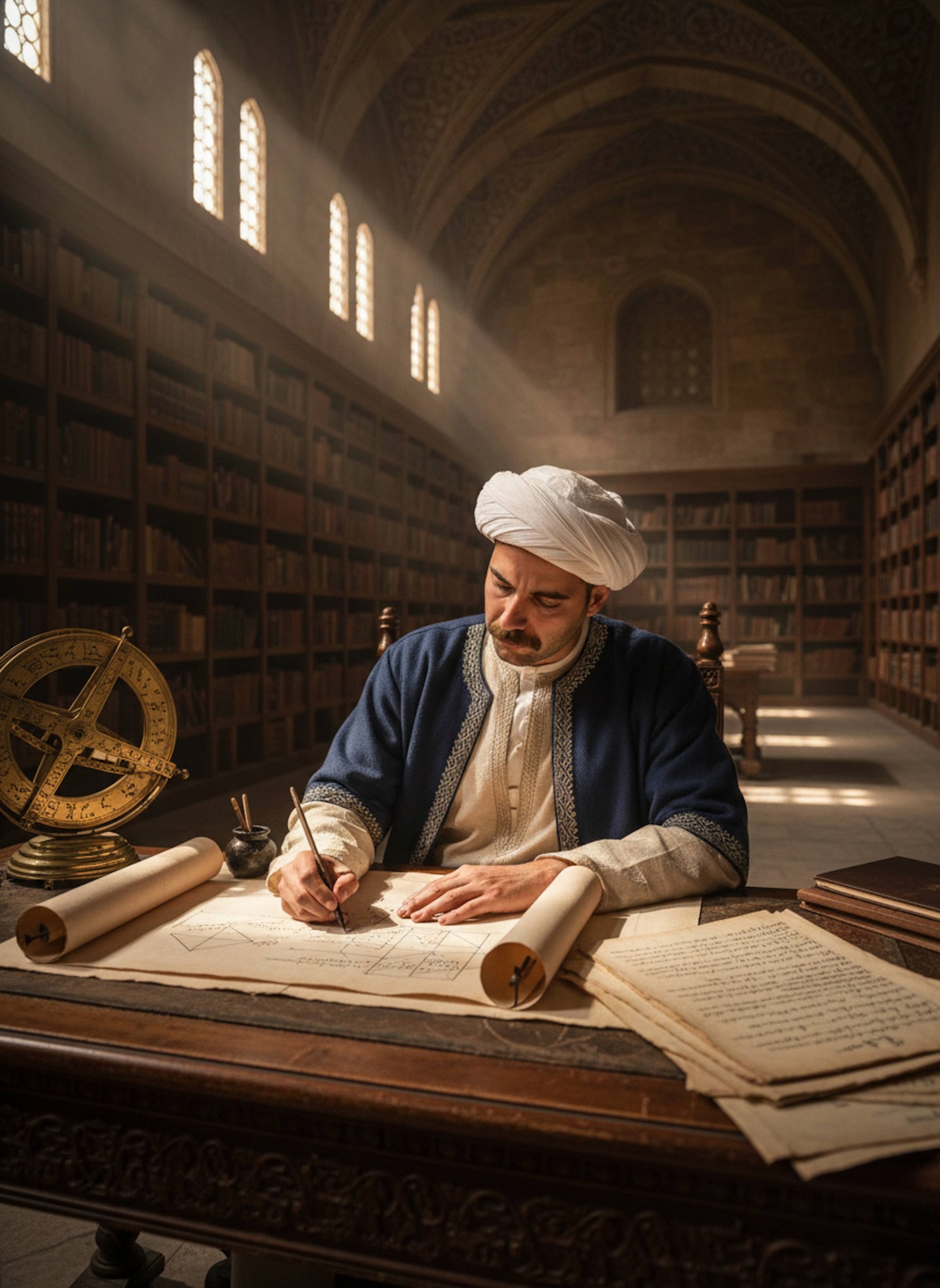 Scholar leaning over parchment with ink-stained hands calculating in the House of Wisdom in Baghdad