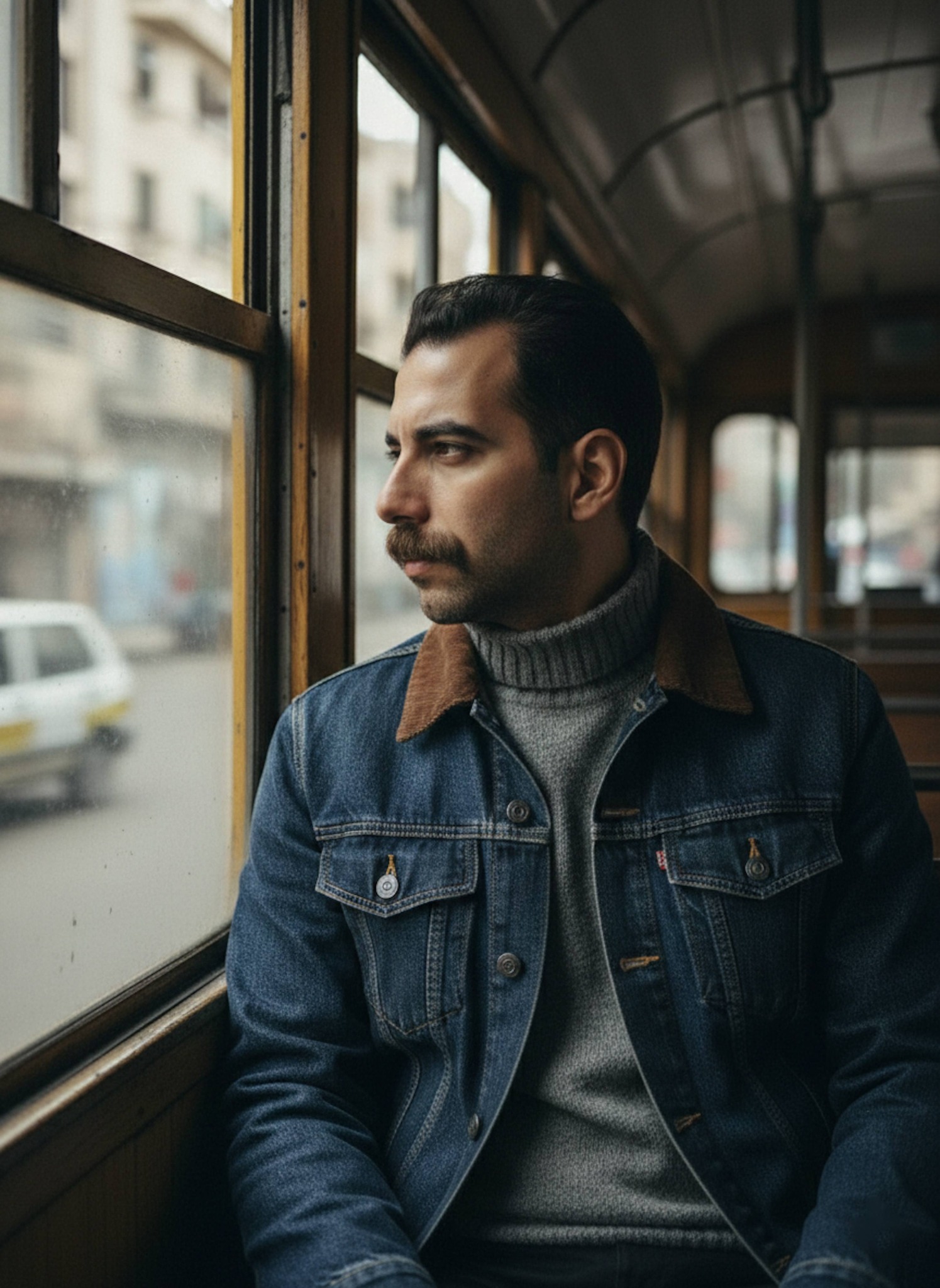 Person in denim jacket inside a vintage yellow Alexandria tram with motion-blurred street outside