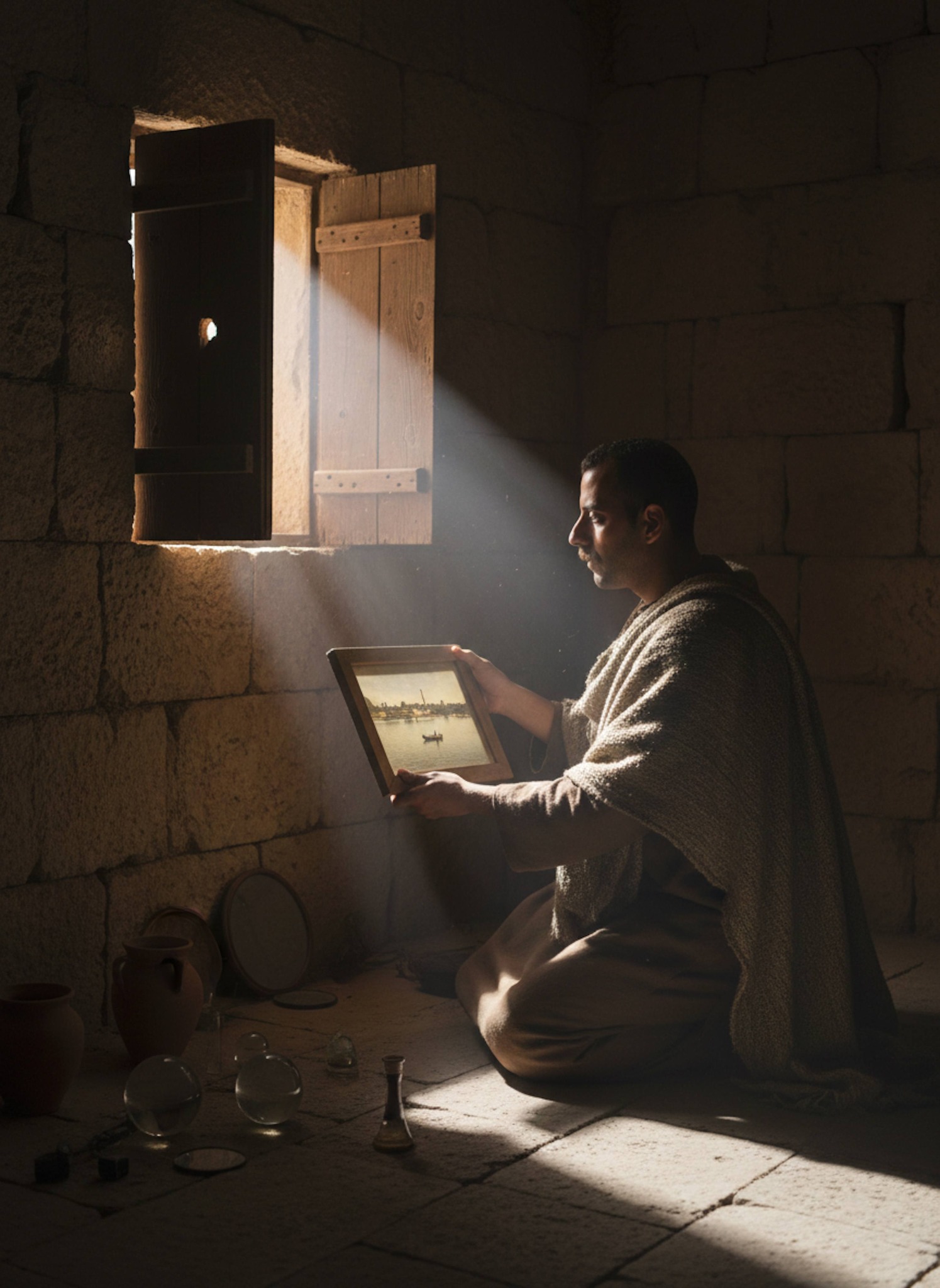 Scholar experimenting with a camera obscura as light projects an inverted image in a Basra study