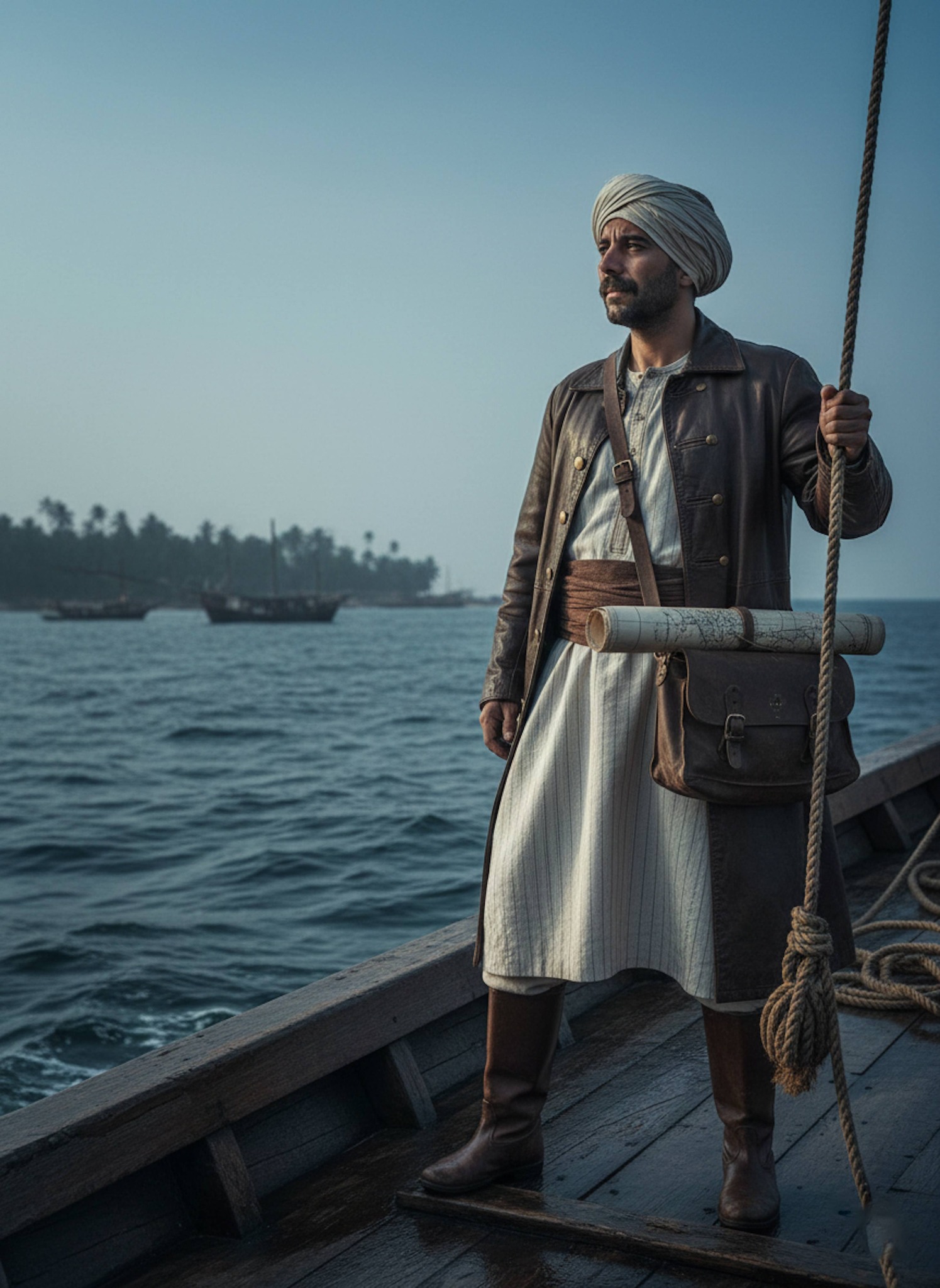Explorer arriving by dhow at a bustling tropical Maldives port city with trade goods and sailing vessels