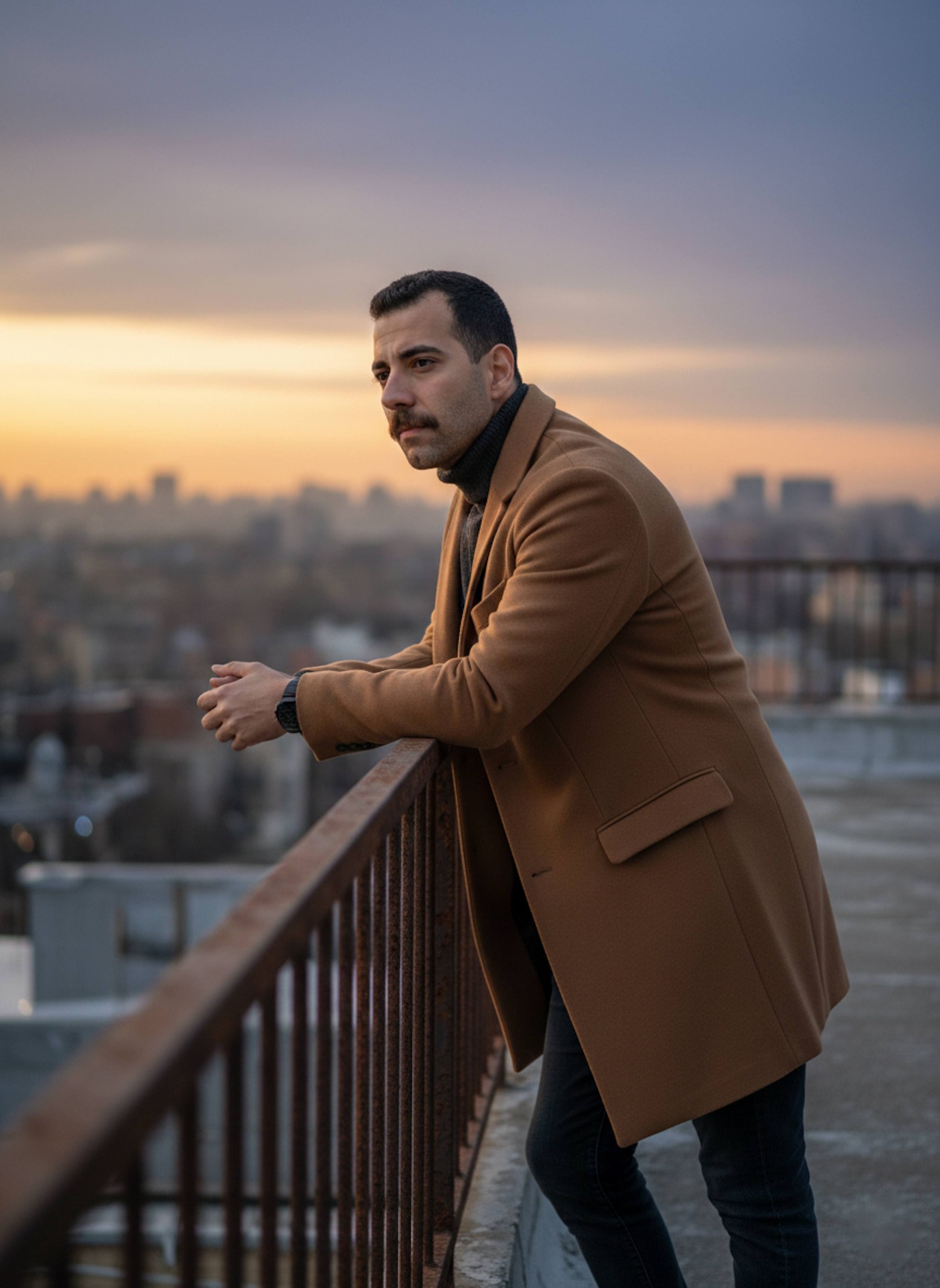 Person in camel overcoat leaning against a rusted railing on a gritty rooftop at golden hour dusk