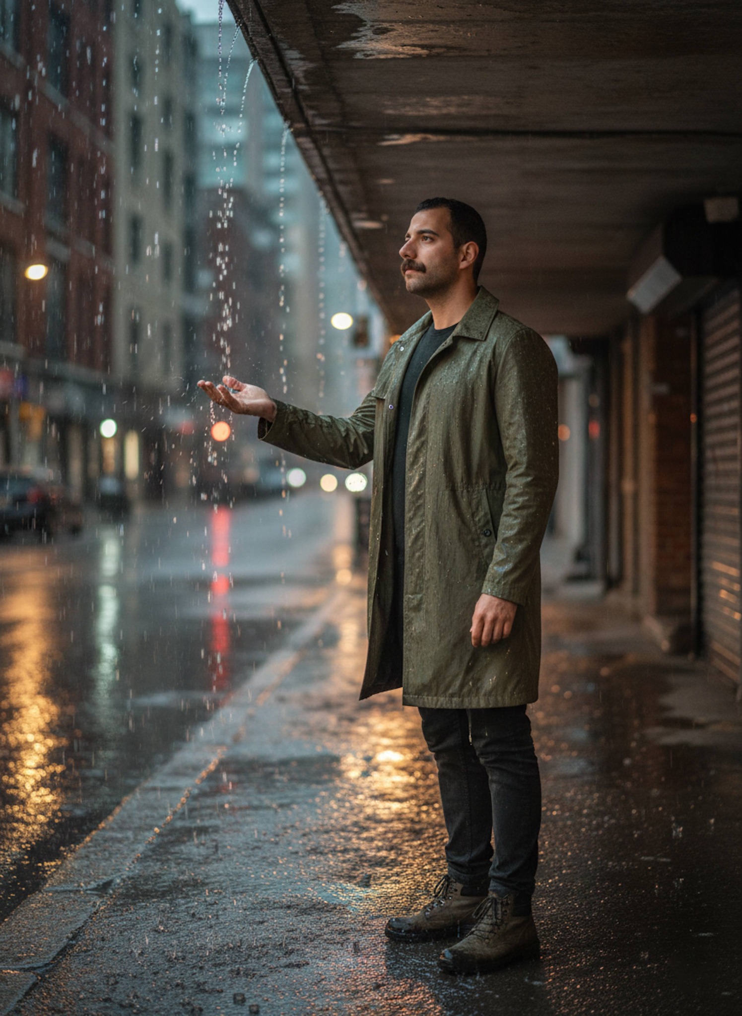 Person in olive technical trench coat under a concrete overhang with rainy traffic light reflections