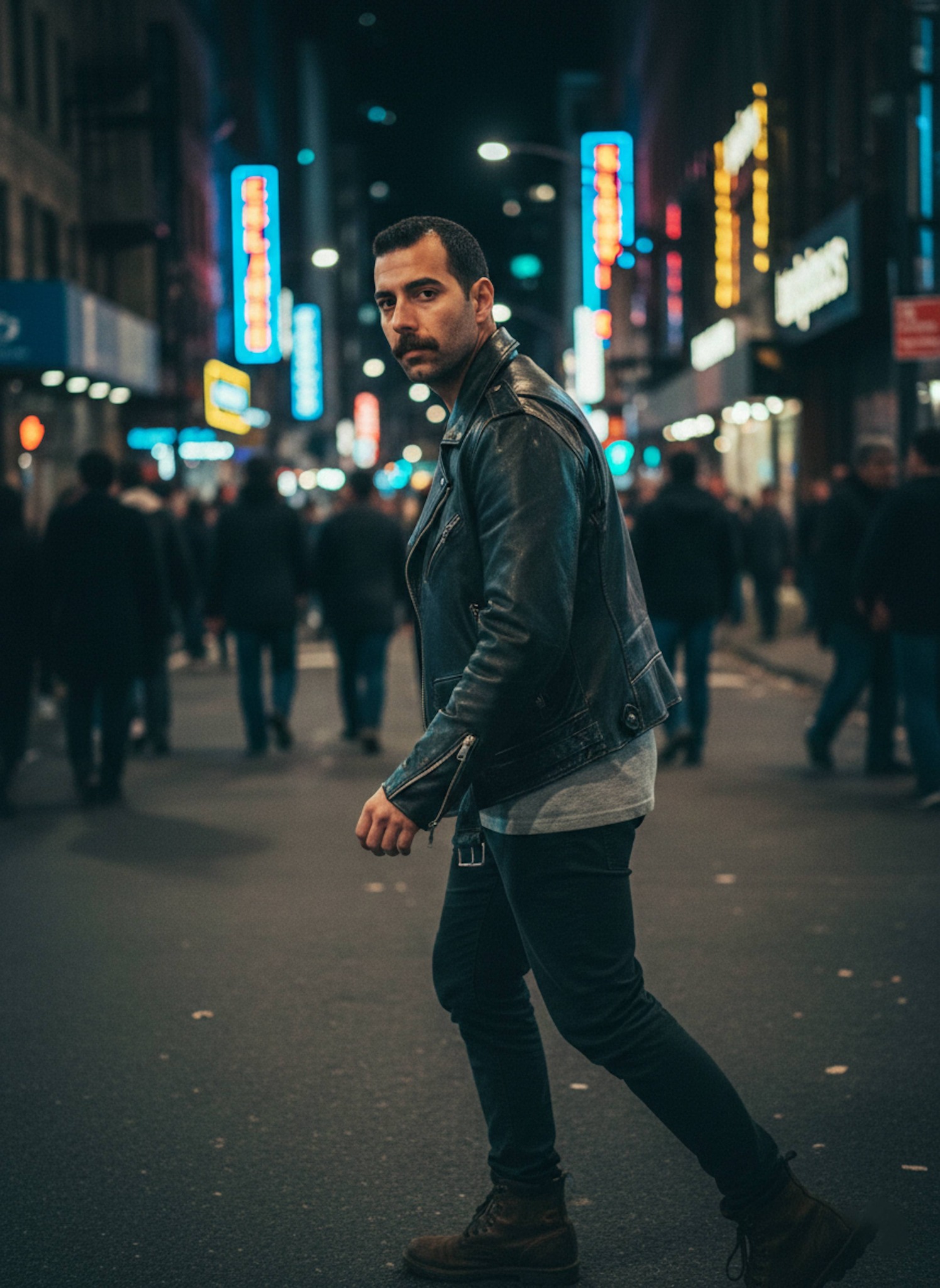 Person in black leather biker jacket walking through a neon-lit crowded city street at night