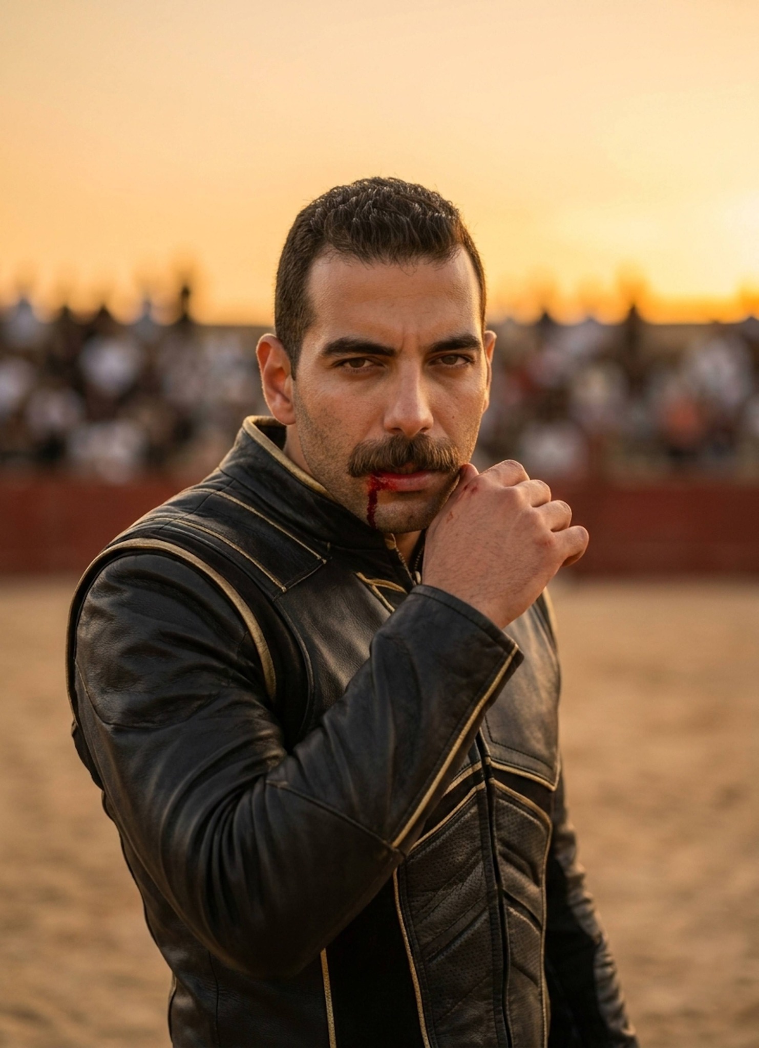 Triumphant warrior in gold-accented combat suit wiping blood from lip in a sunset-drenched arena