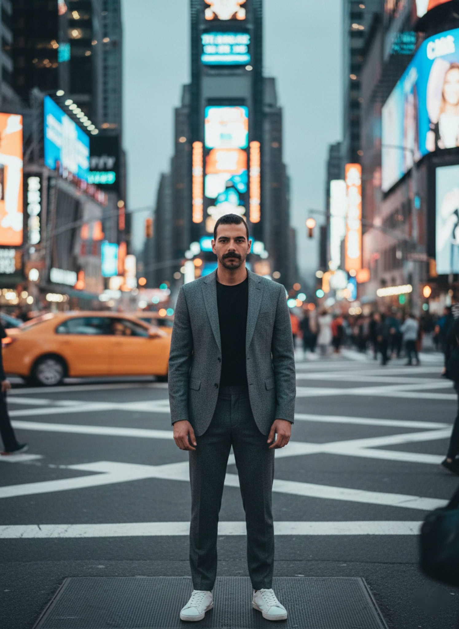 Person in grey wool suit standing sharp and still in a motion-blurred busy downtown intersection