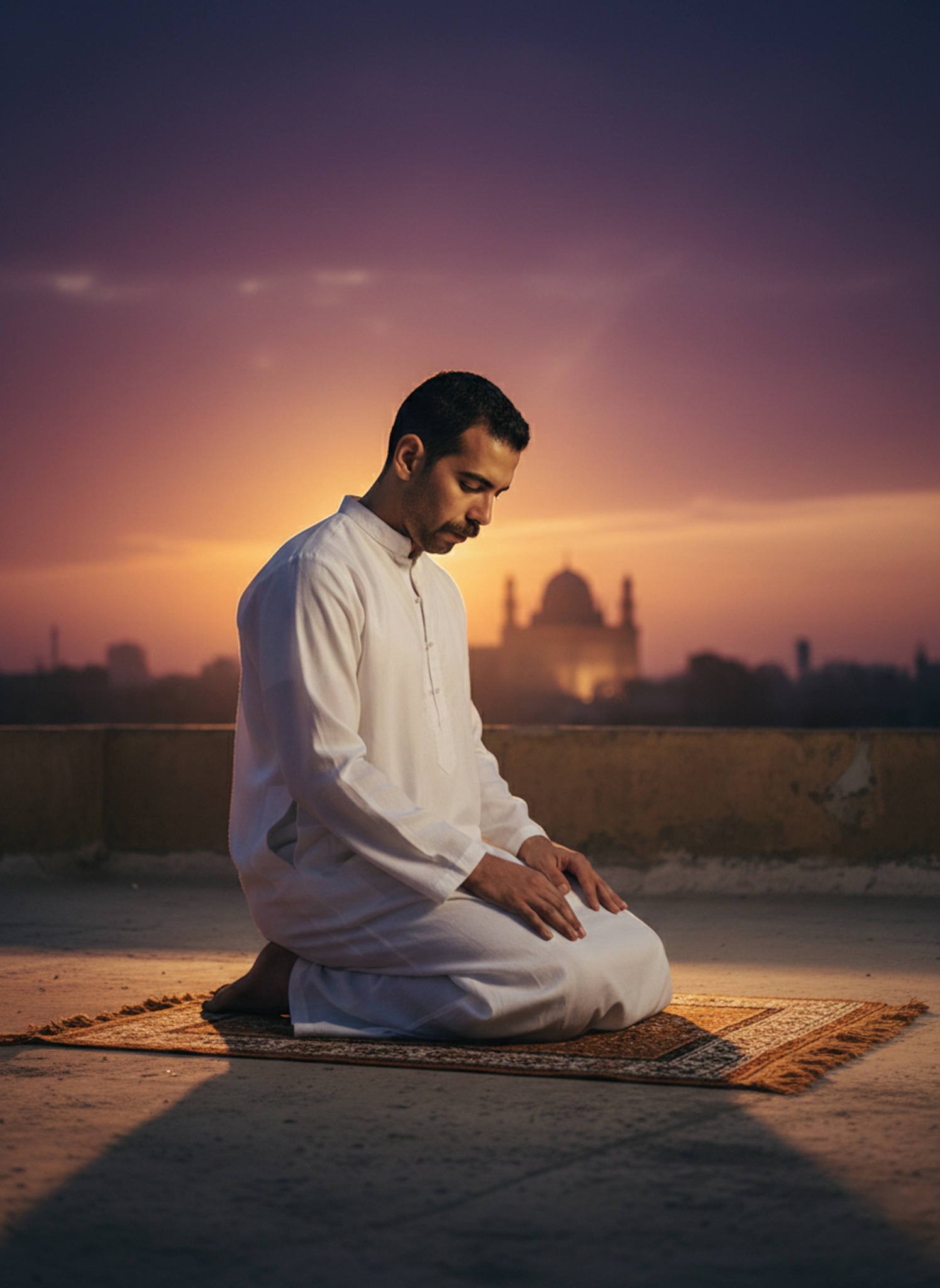 Silhouette of person in white thobe in prayer position on a rooftop with Cairo Citadel at sunset