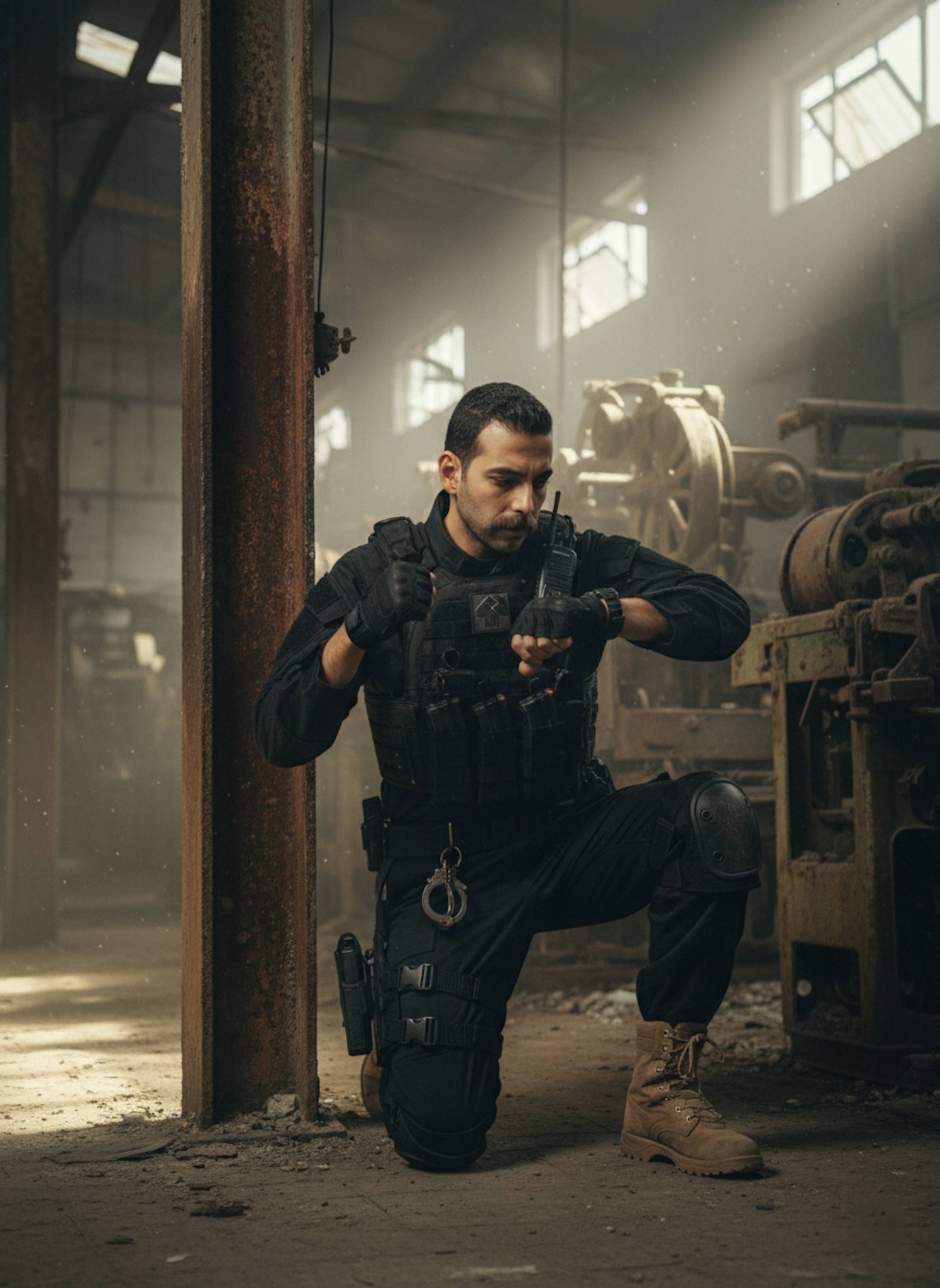 Tactical officer in full black assault gear inside an abandoned warehouse with rusted machinery