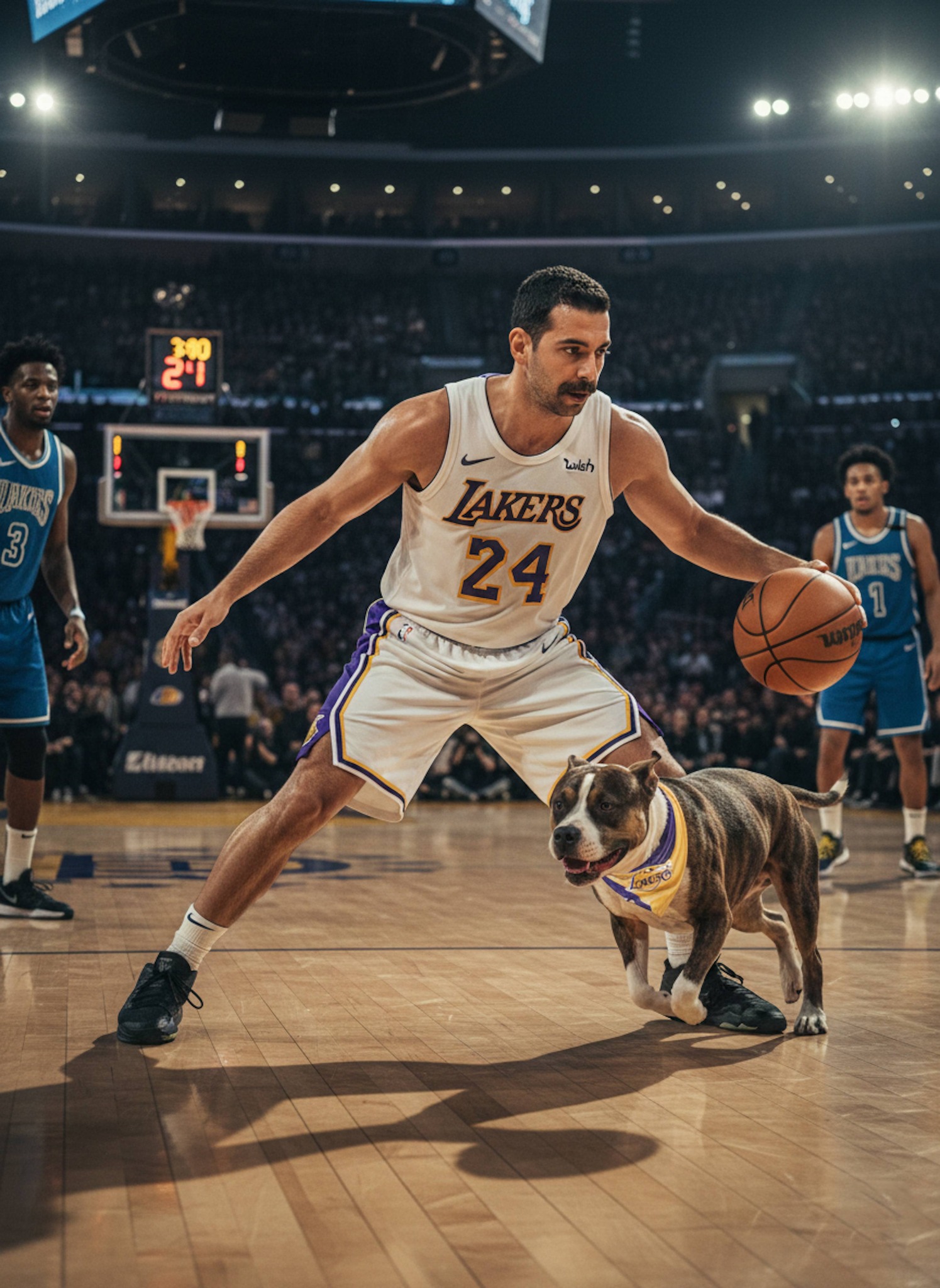 Basketball player in Lakers jersey dribbling past defenders on court under dramatic stadium lights