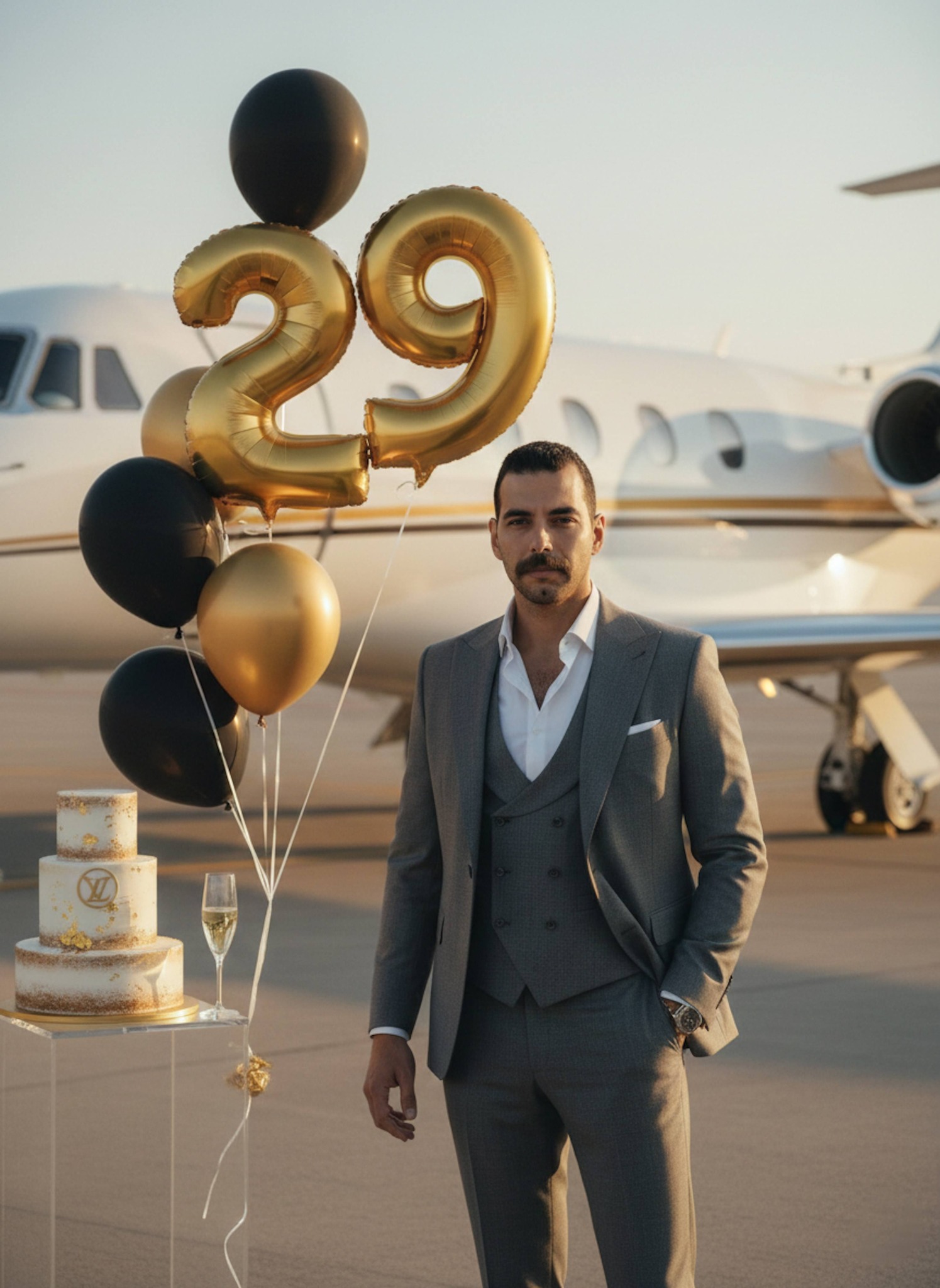 Person in grey three-piece suit on a private jet tarmac with gold balloons champagne and luxury cake