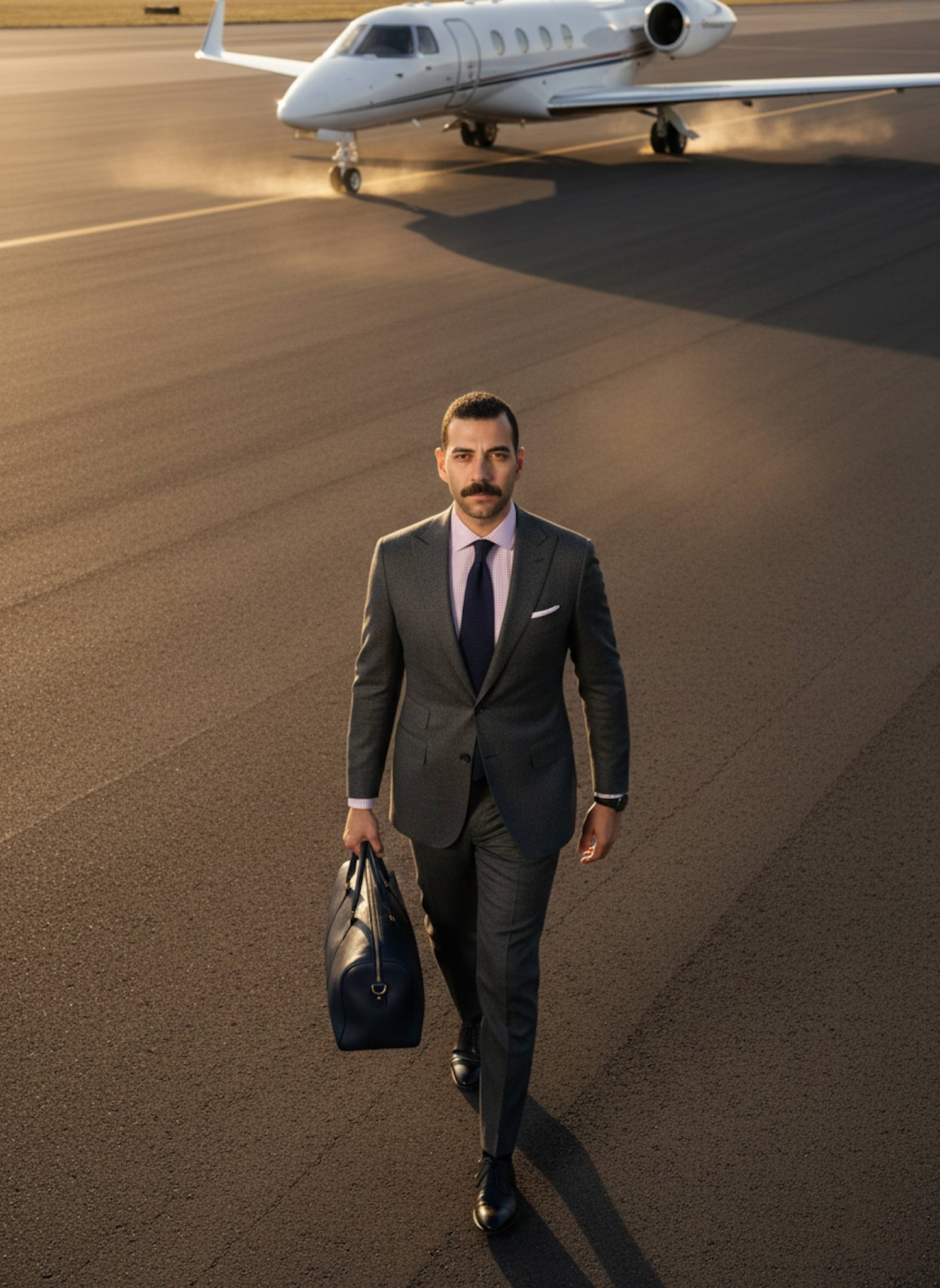Person in charcoal travel suit walking across a pristine tarmac toward a sleek private jet from high angle