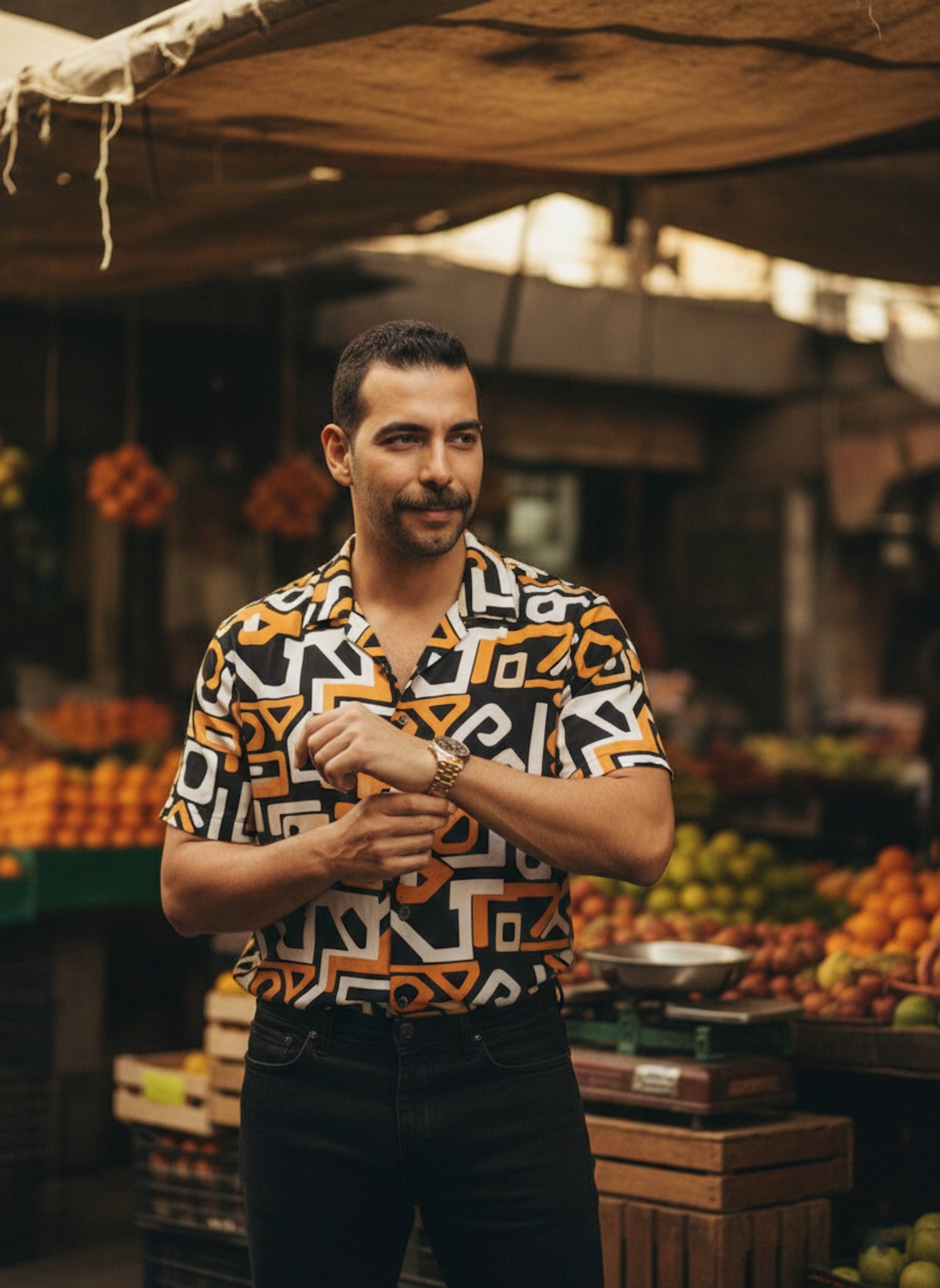 Person in editorial fashion surrounded by vibrant colorful fruit stalls at a bustling El Hadra market street