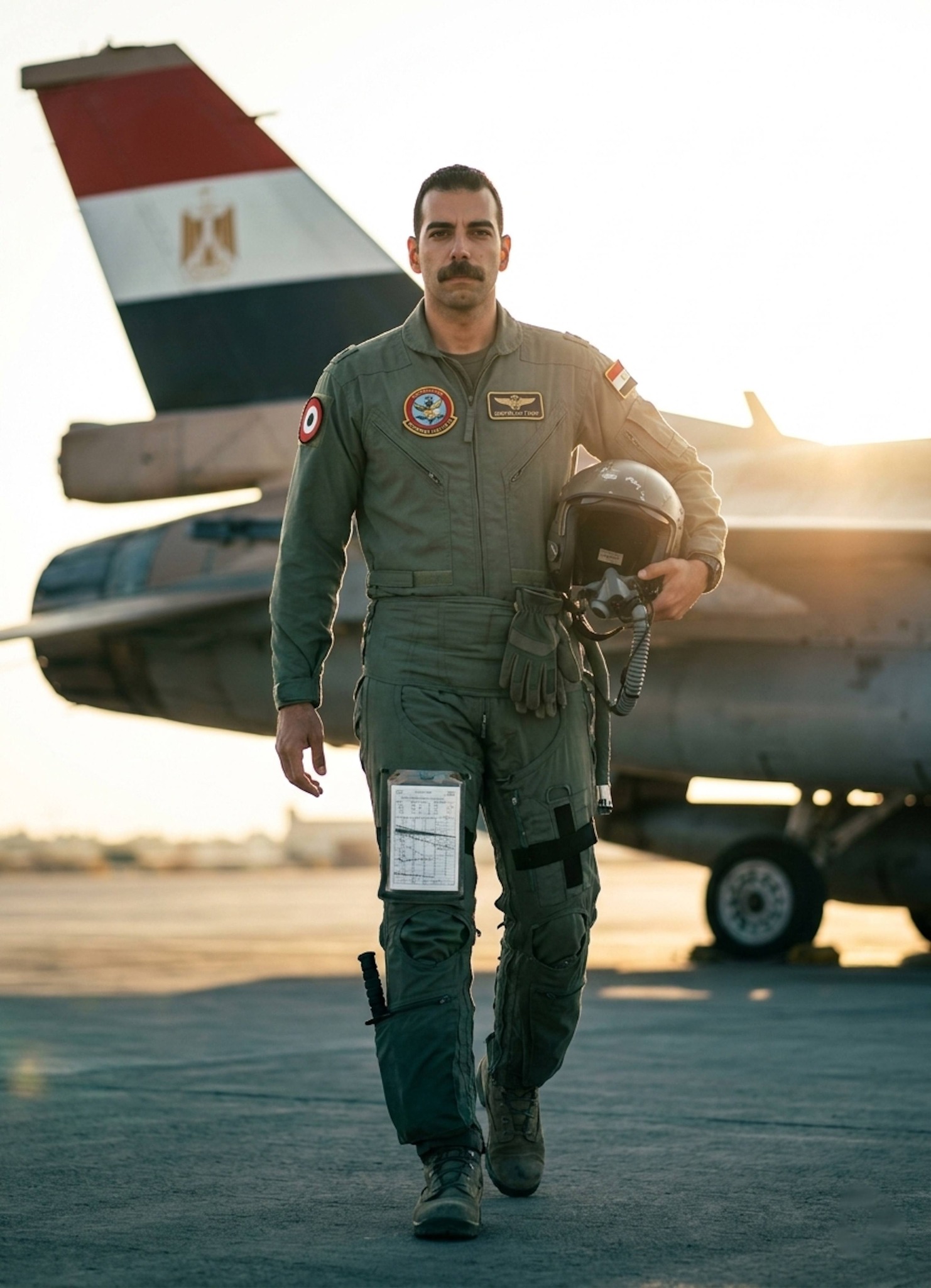 Pilot in sage green Nomex flight suit with Egyptian Air Force patches standing on a tarmac
